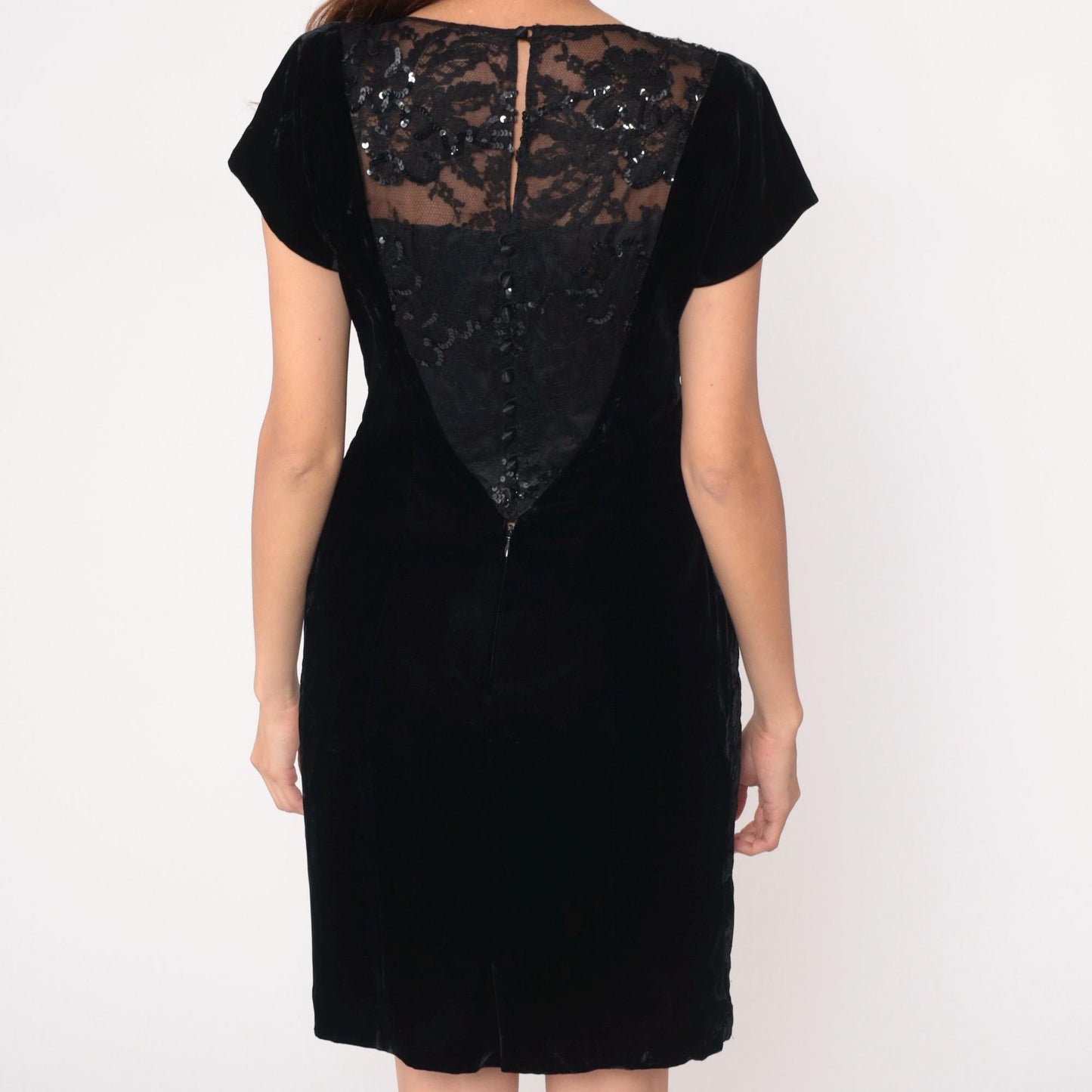 90s Black Velvet Dress Sequin Lace Back Panel Knee-Length Small S