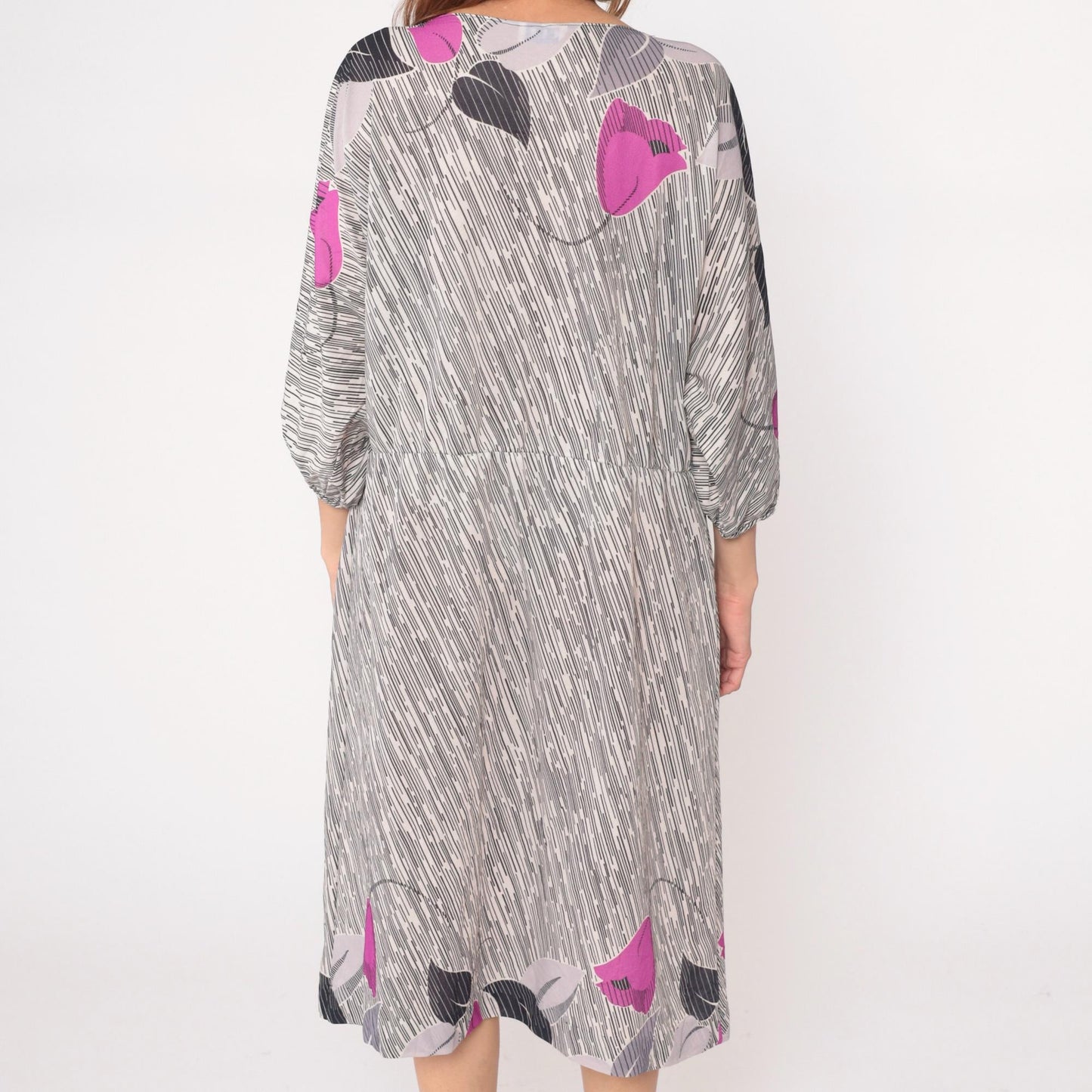 70s Abstract Maxi Dress Purple Grey Black Line Pattern Three Quarter Sleeve Extra Large
