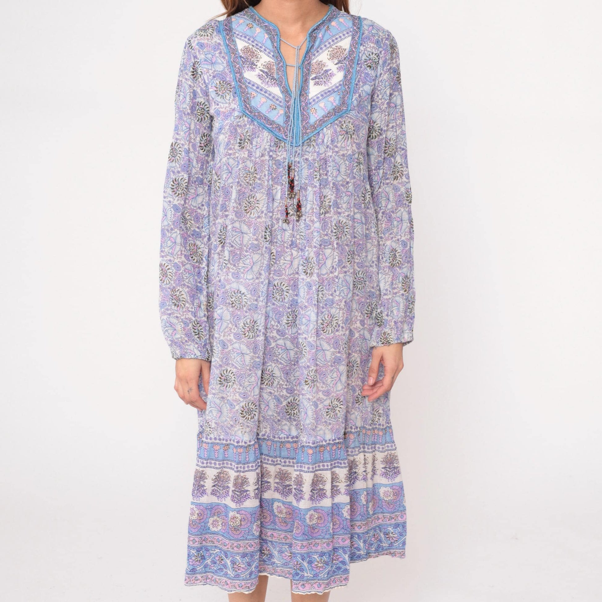90s Taja Purple Paisley Maxi Dress Beaded Yoke Cotton Floral Large L