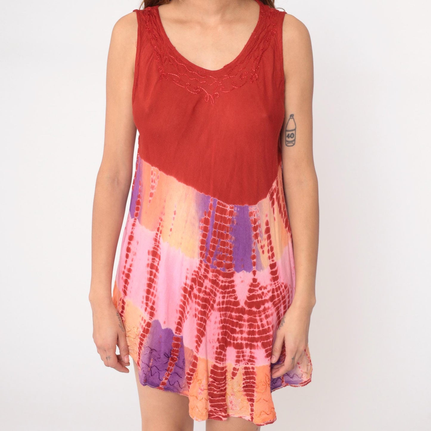 Y2K Tie Dye Mini Dress Red Pink Purple V Neck Sleeveless Medium