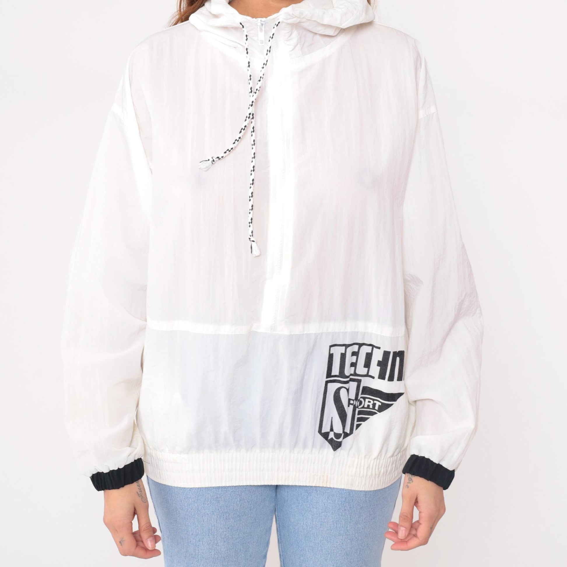 90s Techno Sport White Nylon Windbreaker Hooded Jacket Black Trim Small S