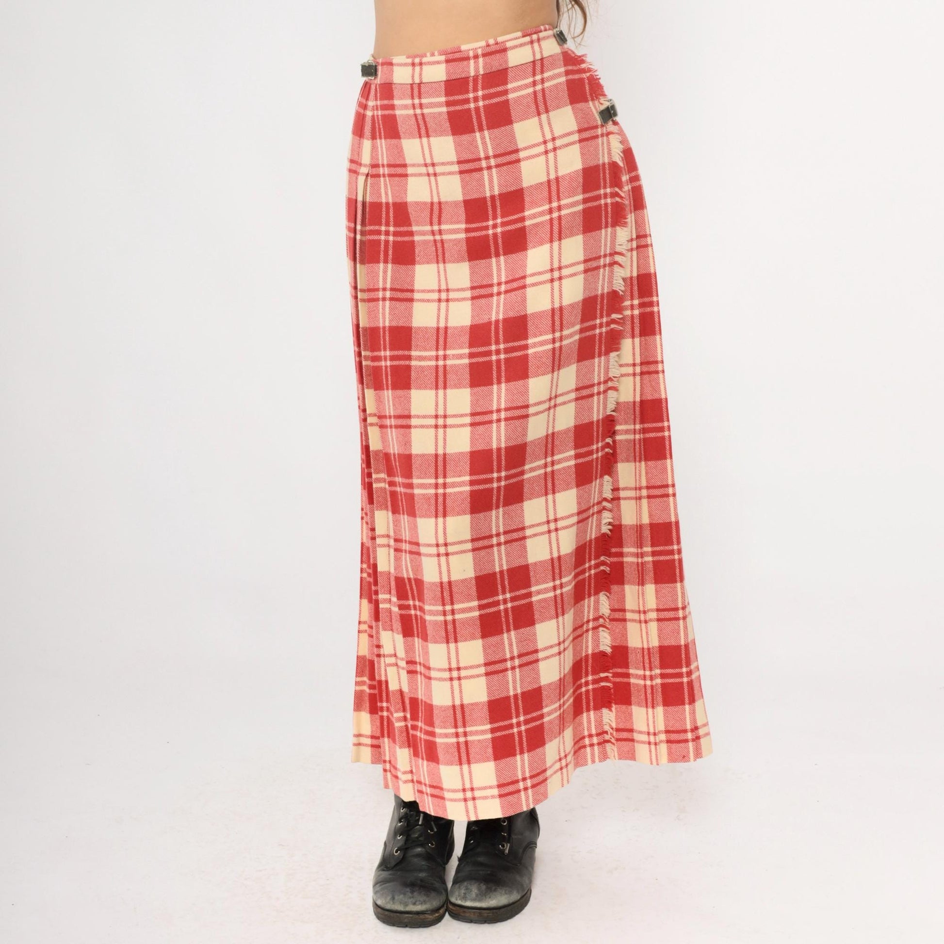 70s Laird Portch Tartan Wool Kilt Skirt Red Cream Pleated Wrap Small Medium