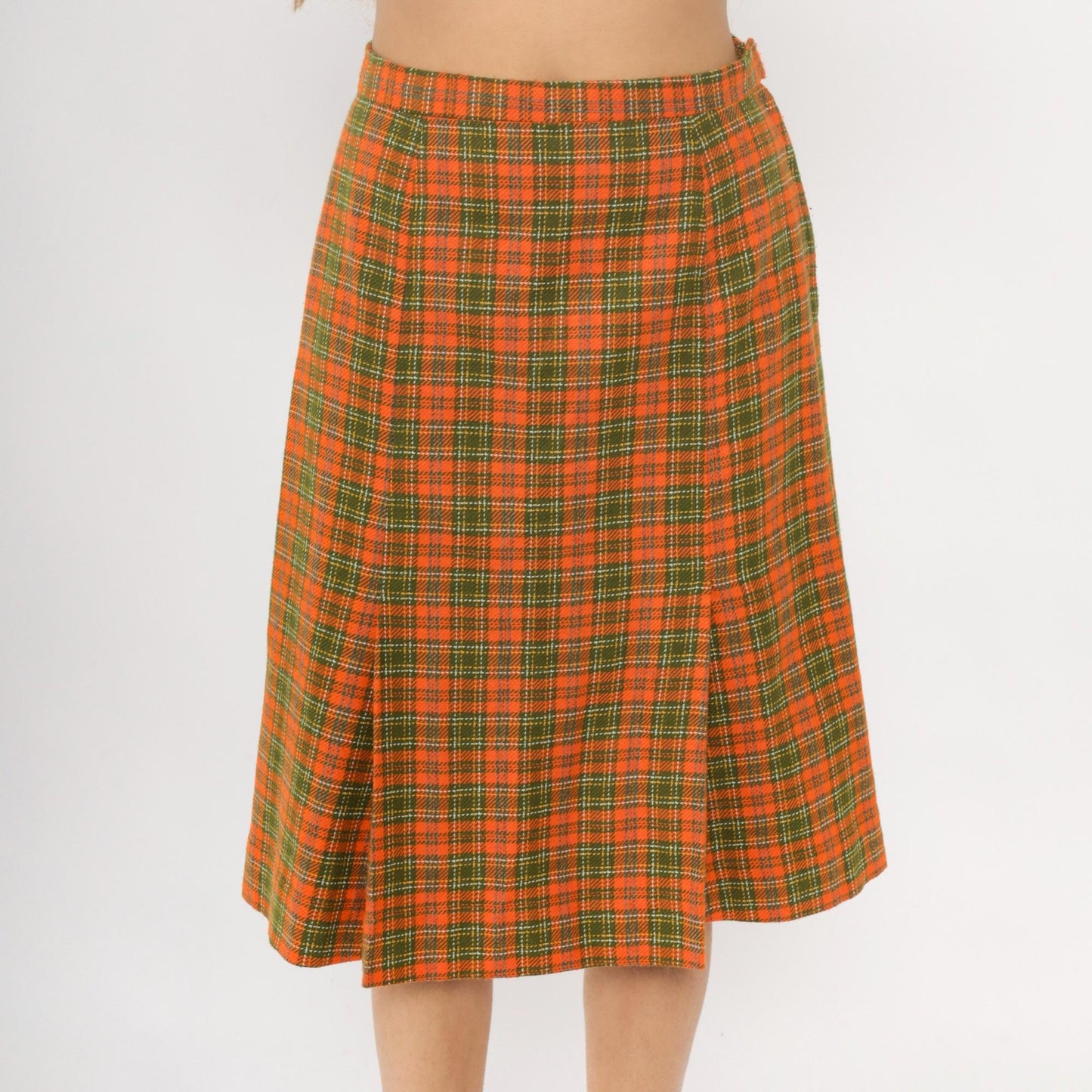 70s Orange Green Plaid A-Line Skirt Knee Length Wrap Small