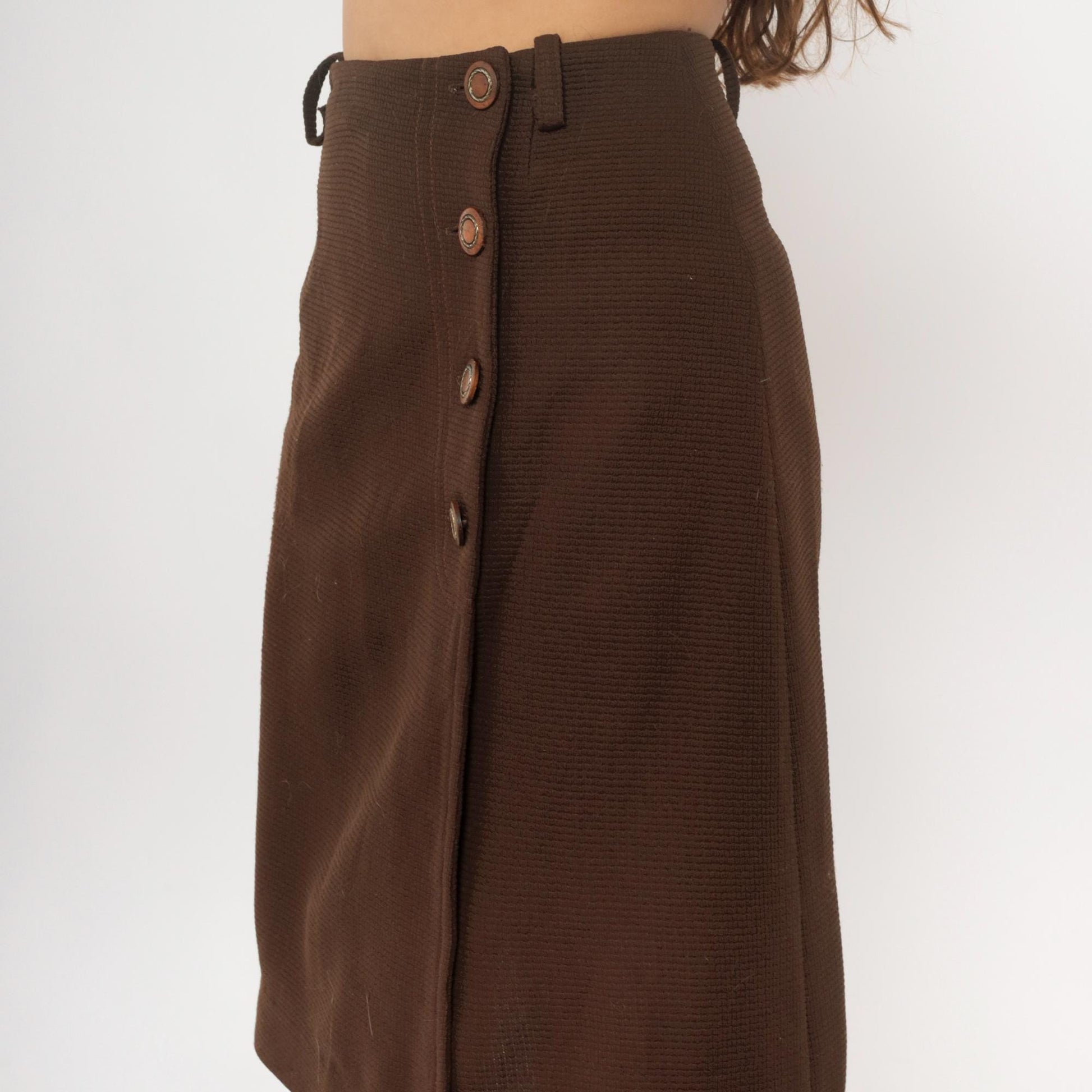 70s Brown Polyester A-Line Skirt Side Button Closure Small S