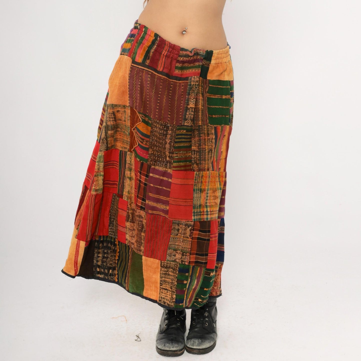 90s Patchwork A-Line Skirt Multicolor Ethnic Striped Cotton Ankle Length Medium