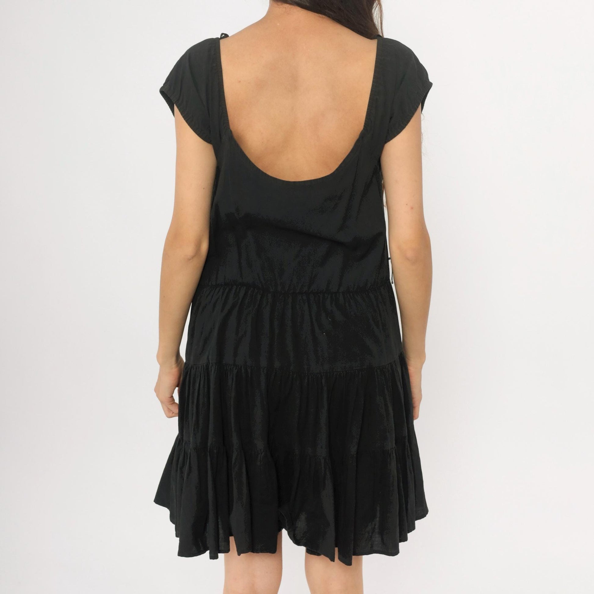 90s Black Cotton Prairie Mini Dress Tiered Skirt Cap Sleeve Medium
