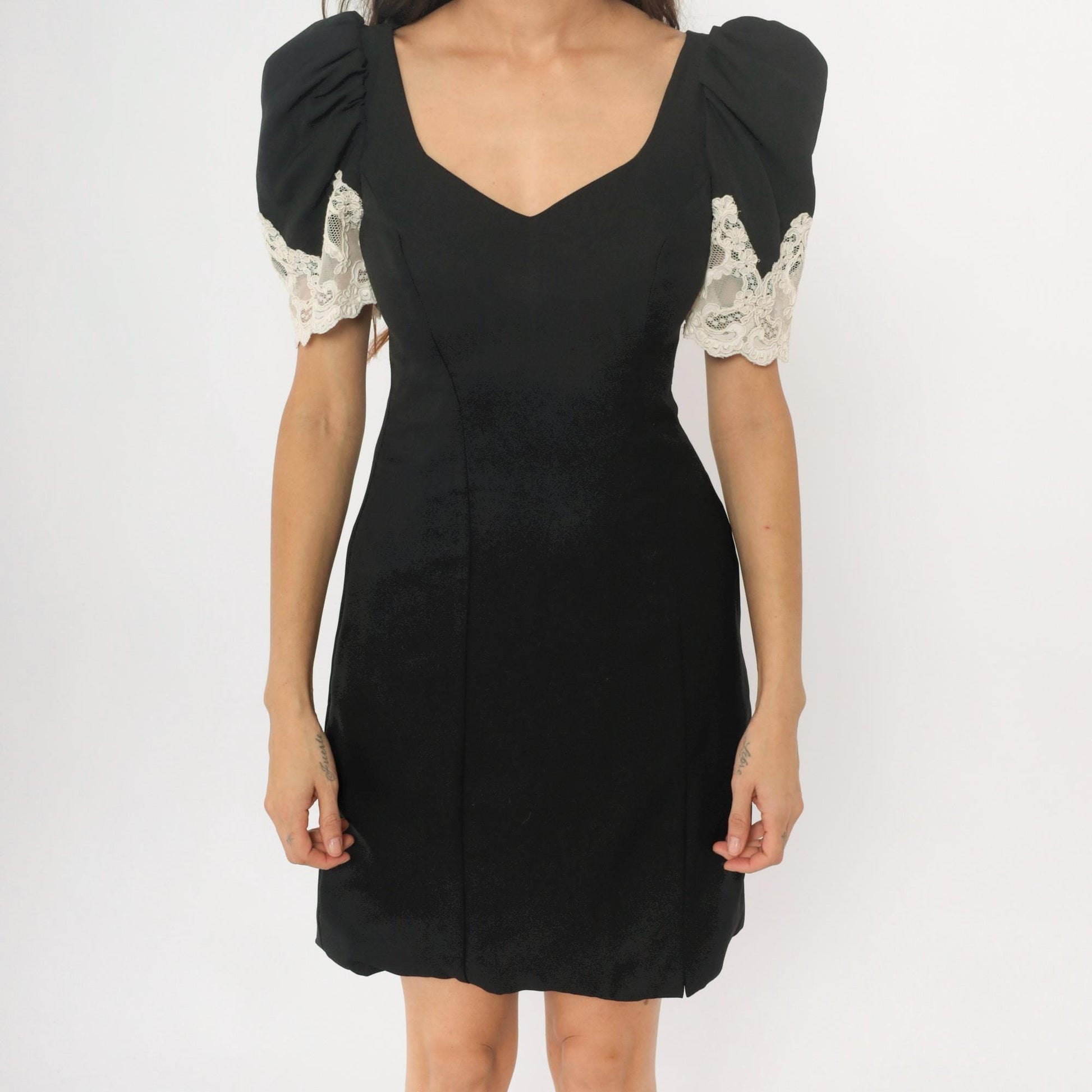 90s Alfred Angelo Black Mini Dress White Lace Puff Sleeves Small S