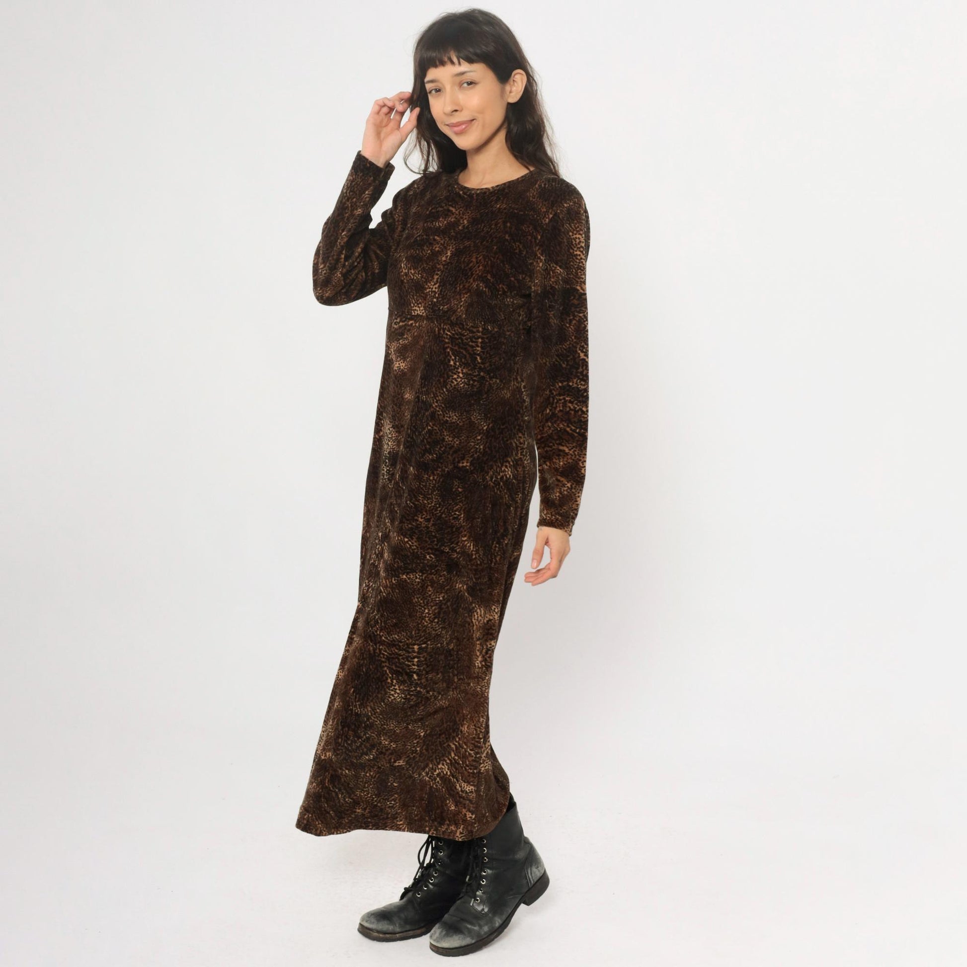 90s Jones New York Leopard Print Maxi Dress Long Sleeve Brown Medium M