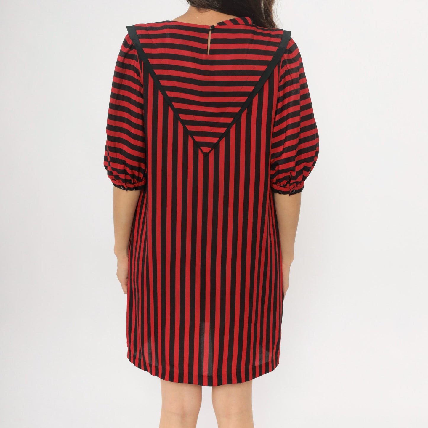 90s Liz Claiborne Striped Shift Dress Red Black Puff Sleeves Medium M