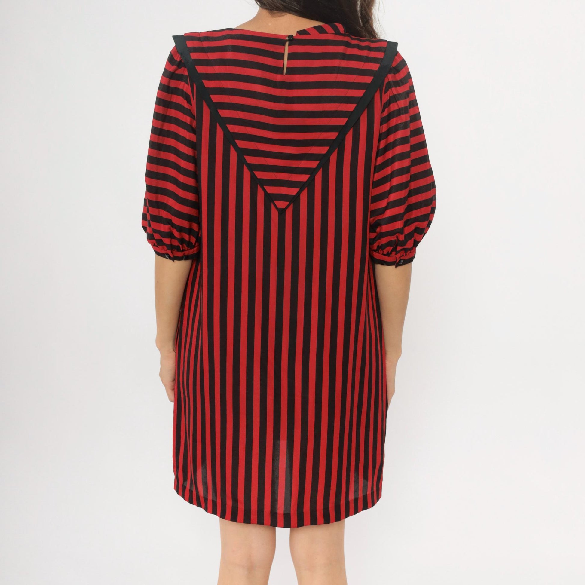 90s Liz Claiborne Striped Shift Dress Red Black Puff Sleeves Medium M