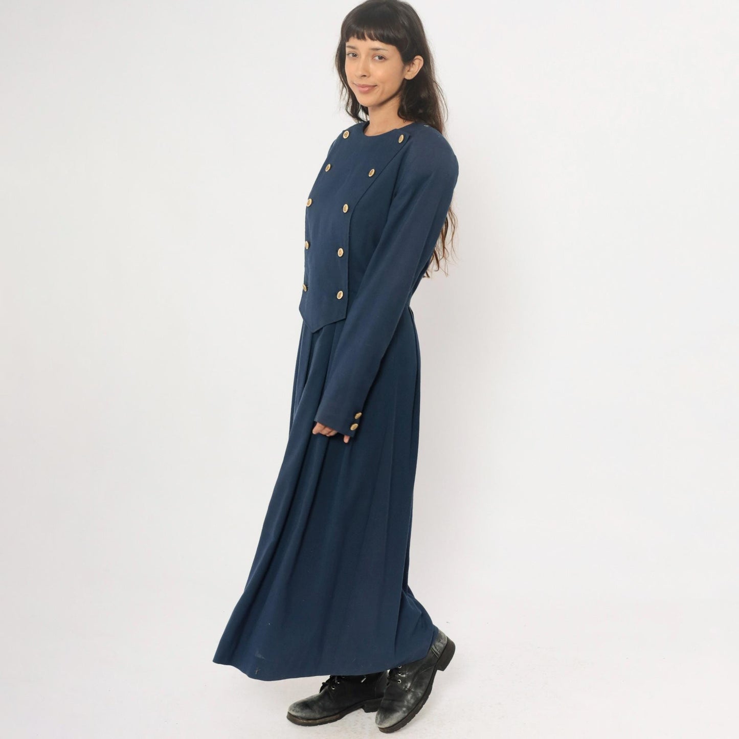 80s Navy Military Double-Breasted Maxi Dress Gold Buttons Large L