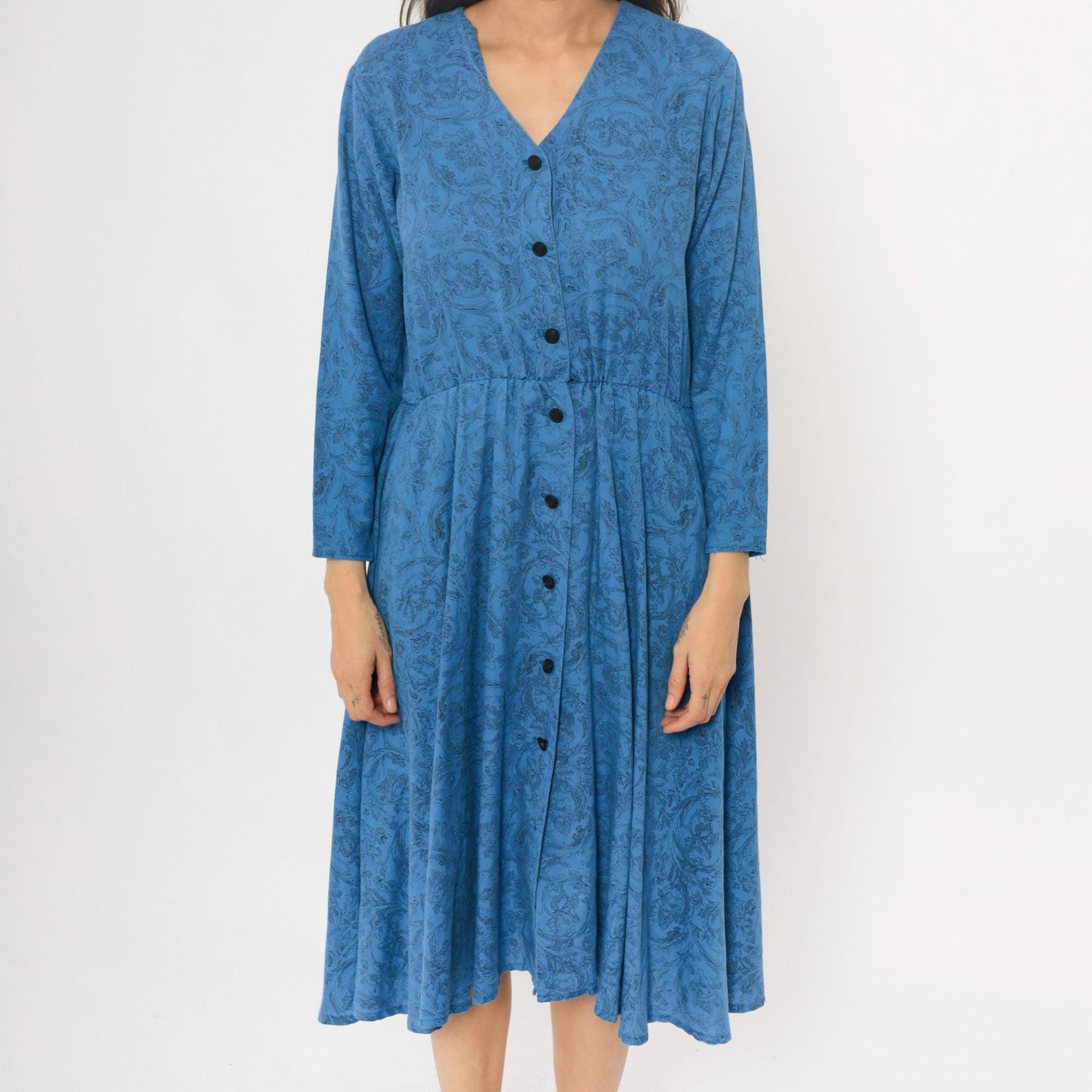 80s Blue Paisley Button-Front Dress V-Neck Long Sleeve Gathered Waist Medium M