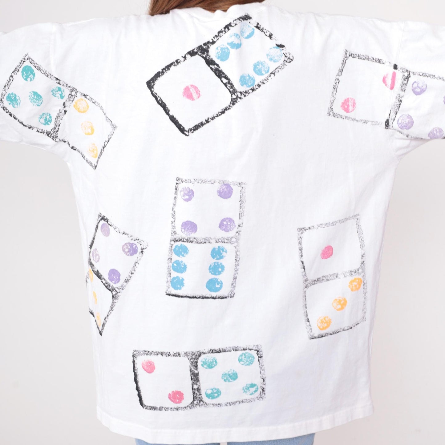 90s Dice Print Cotton T-Shirt White Graphic Tee Colorful Dots Large L