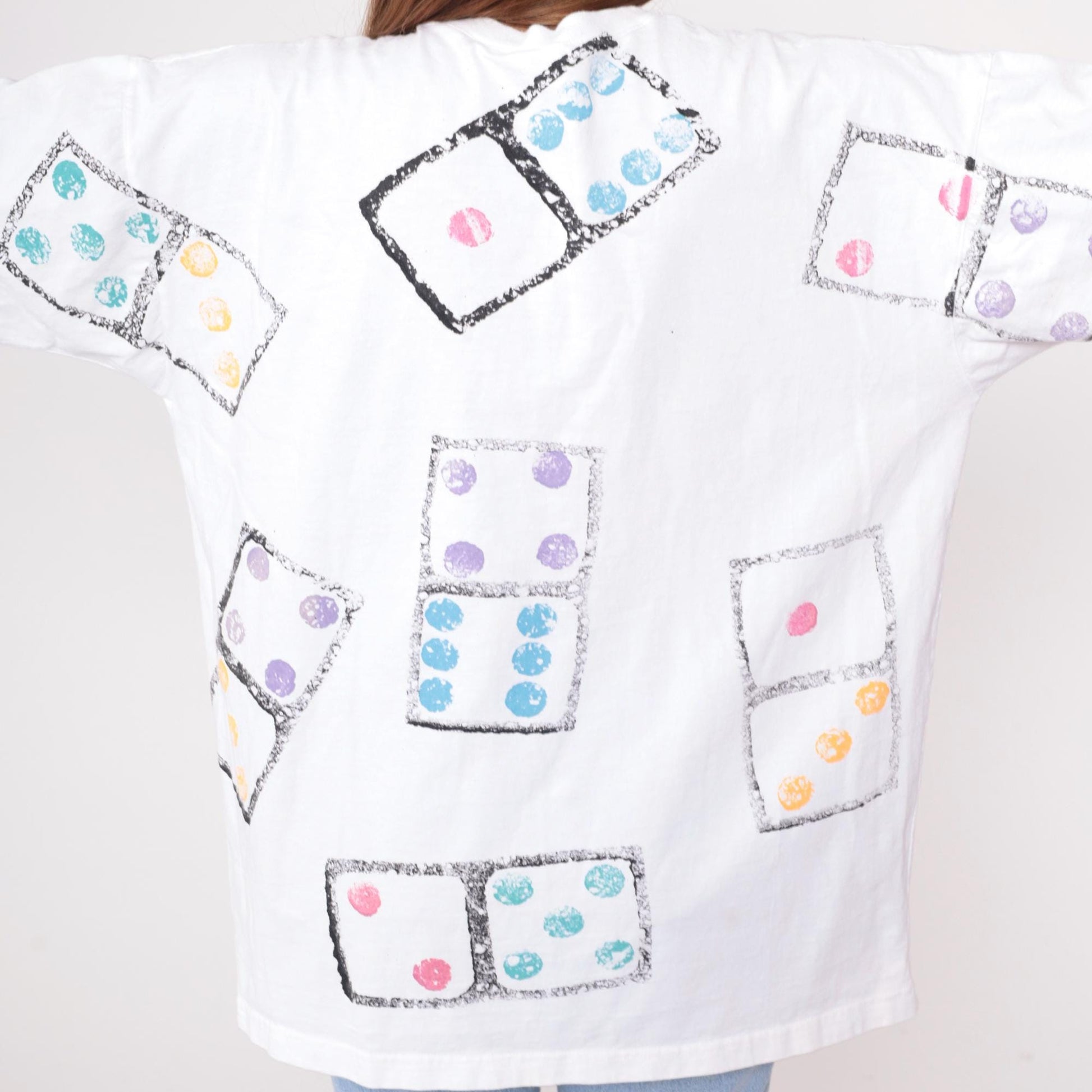 90s Dice Print Cotton T-Shirt White Graphic Tee Colorful Dots Large L