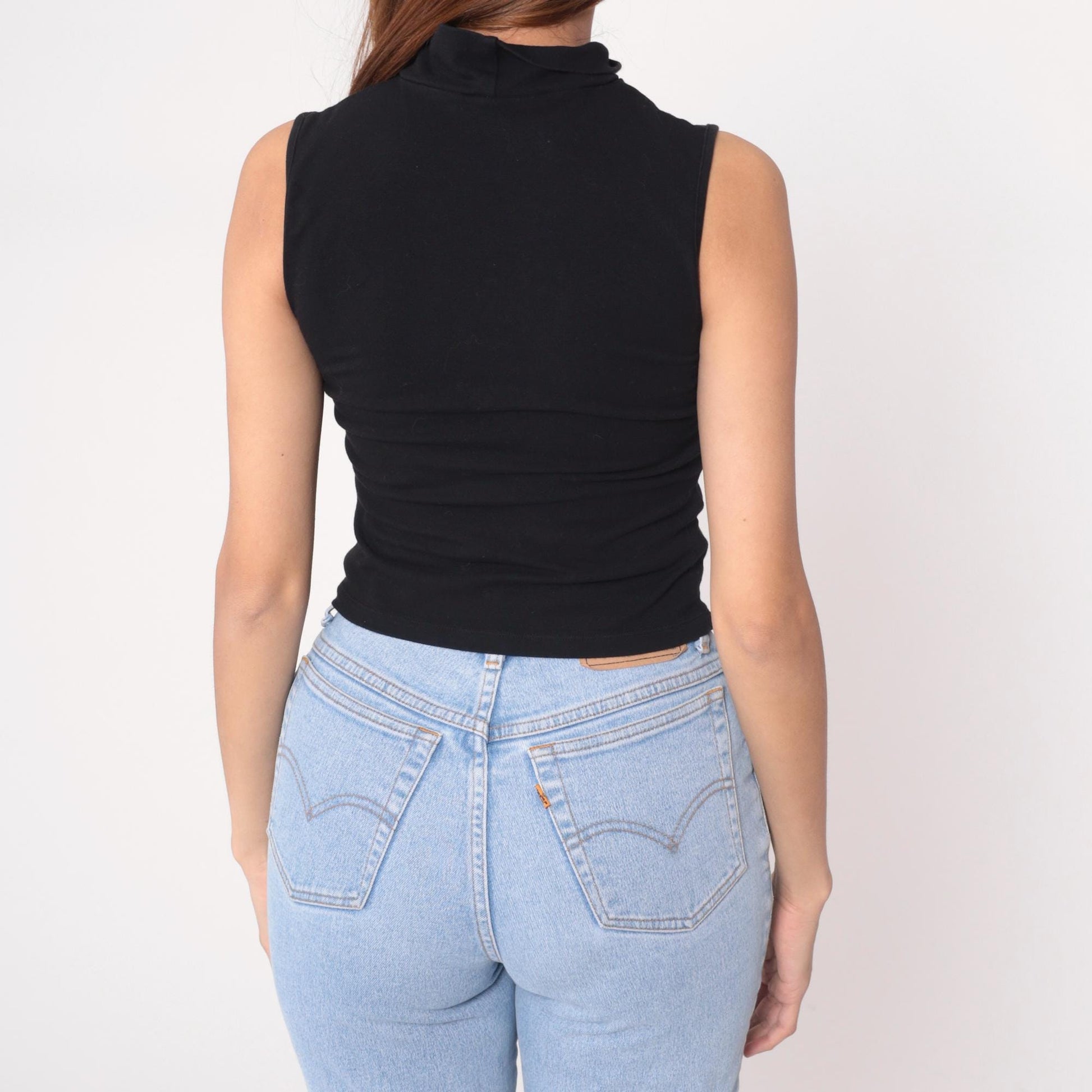 90s Black Sleeveless Mock Turtleneck Crop Top Cotton Knit Small
