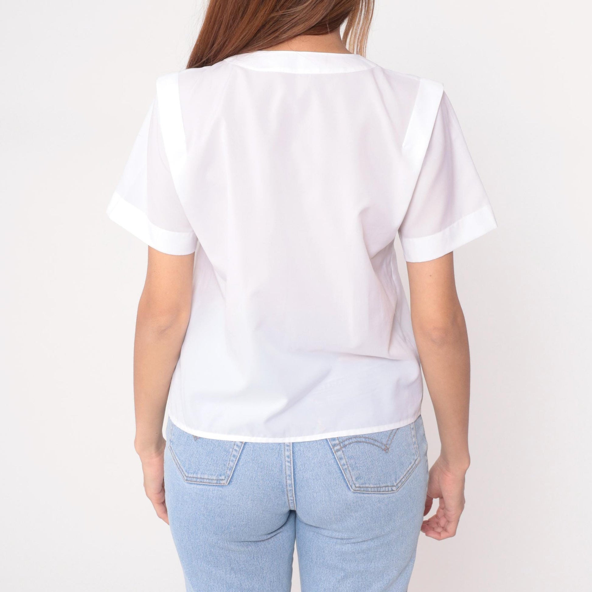 80s White Peter Pan Collar Button-Up Shirt Short Sleeve Medium