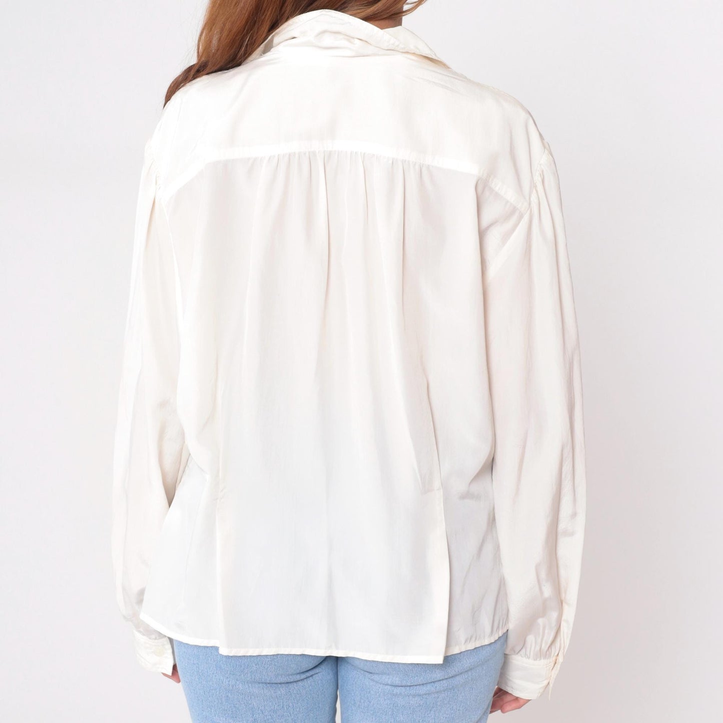 90s Alyssa Cream Button-Front Blouse Notched Collar Long Sleeve Large
