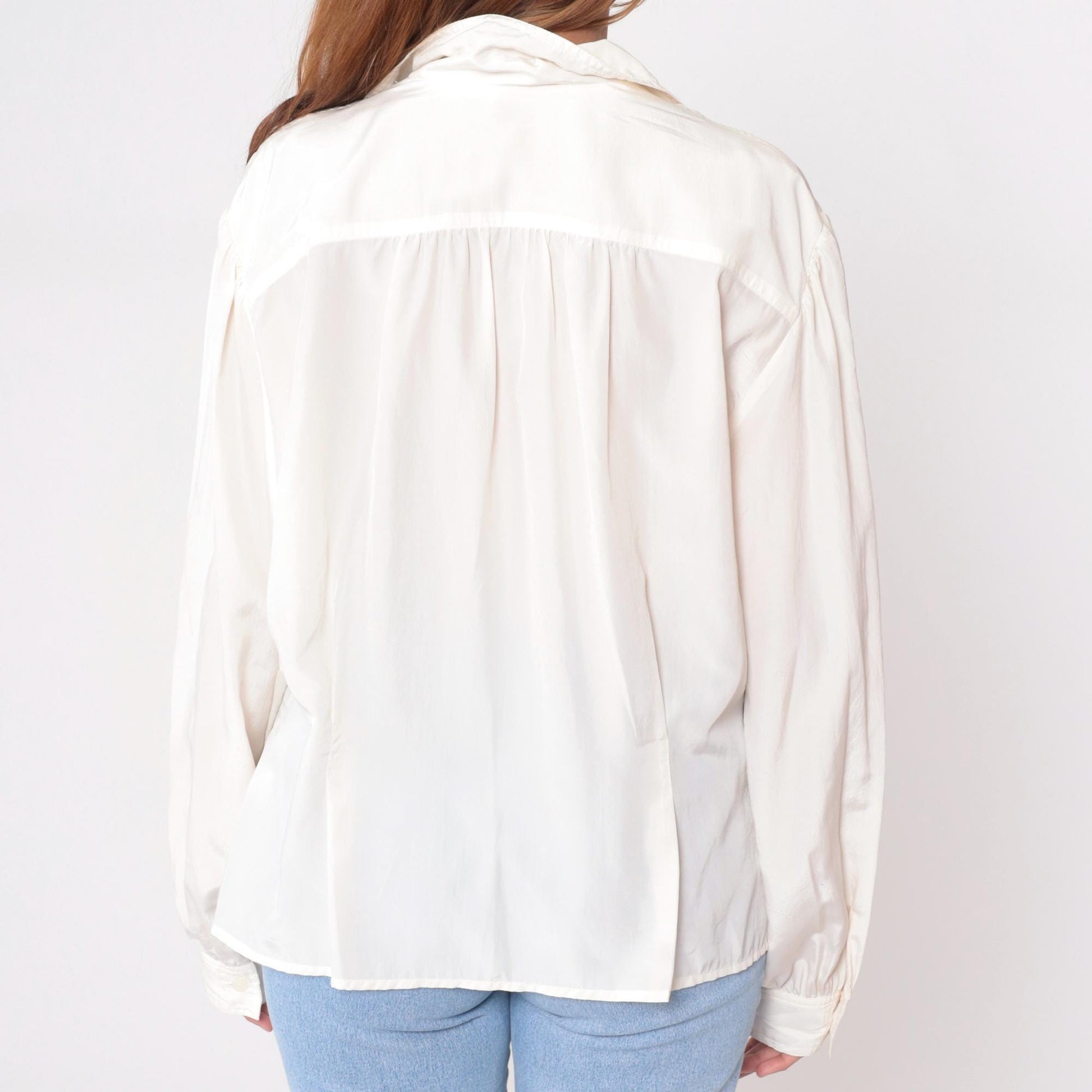 90s Alyssa Cream Button-Front Blouse Notched Collar Long Sleeve Large