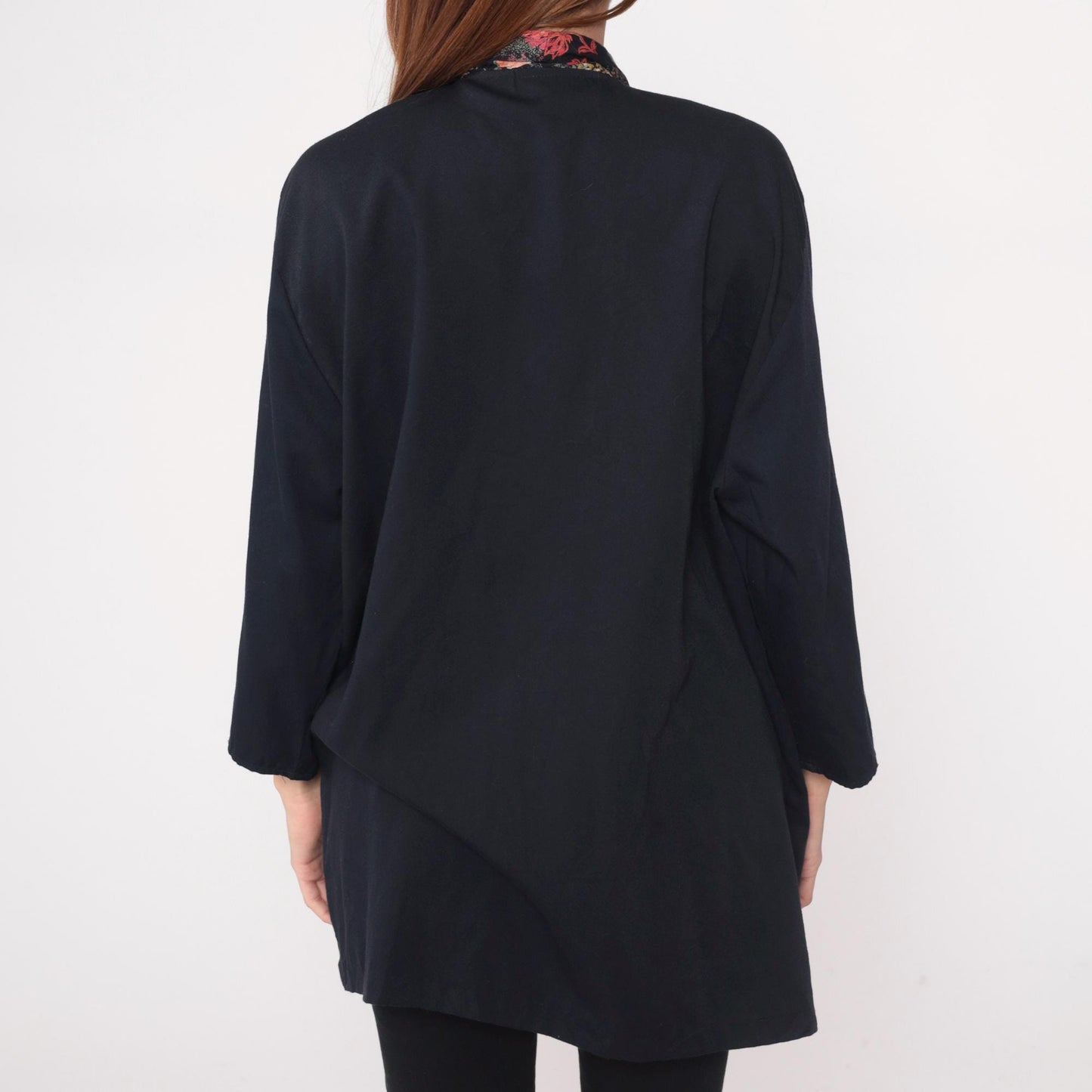 90s Black Kimono Cardigan Floral Rose Garden Trim Open Front Rayon Large
