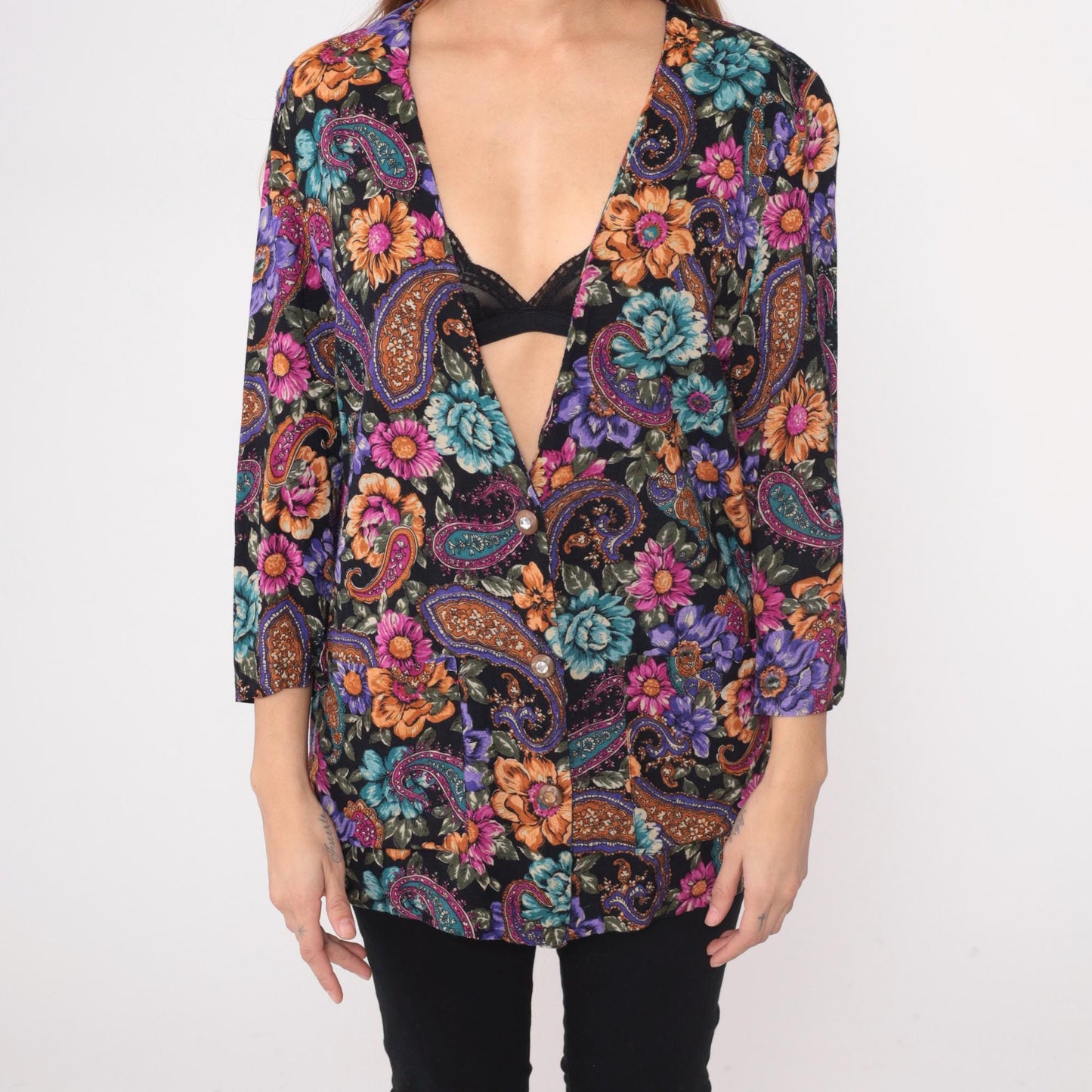 90s Rampage Paisley Floral Tunic Blouse Deep V Neck Rayon Black Purple Medium