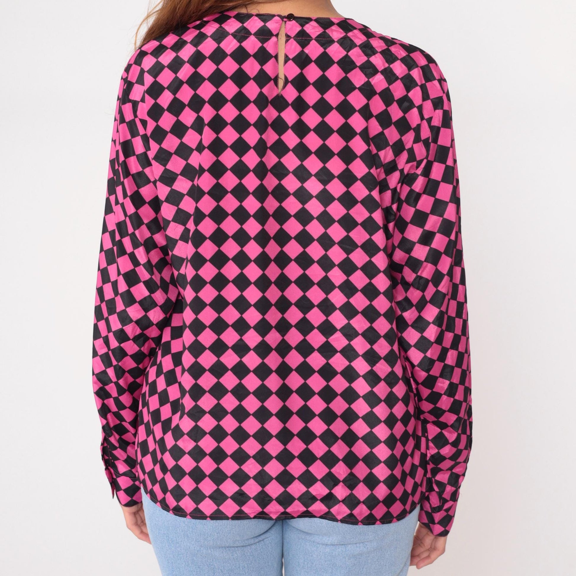 90s Checkerboard Blouse Pink Black Diamond Pattern Keyhole Back Large