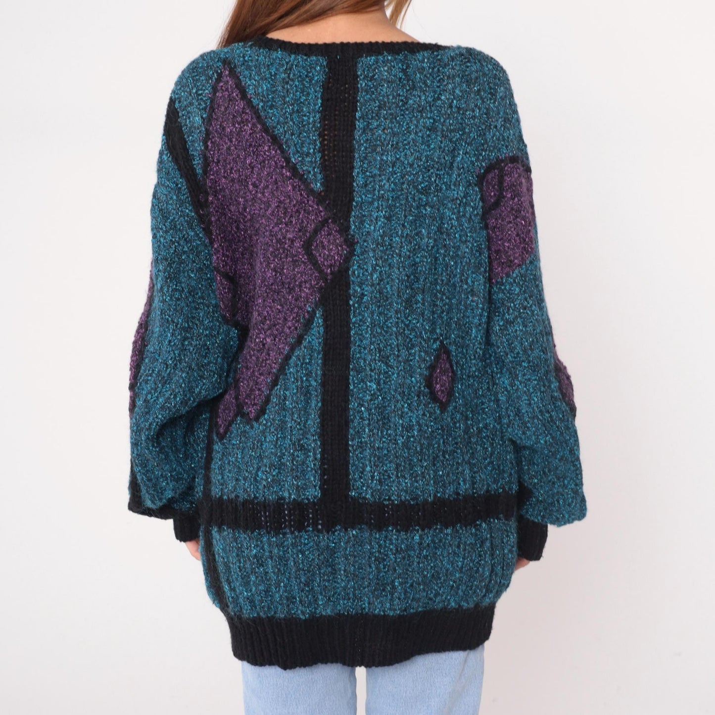 90s Geometric Knit Sweater Teal Purple Black Angular Pattern Crewneck Medium M