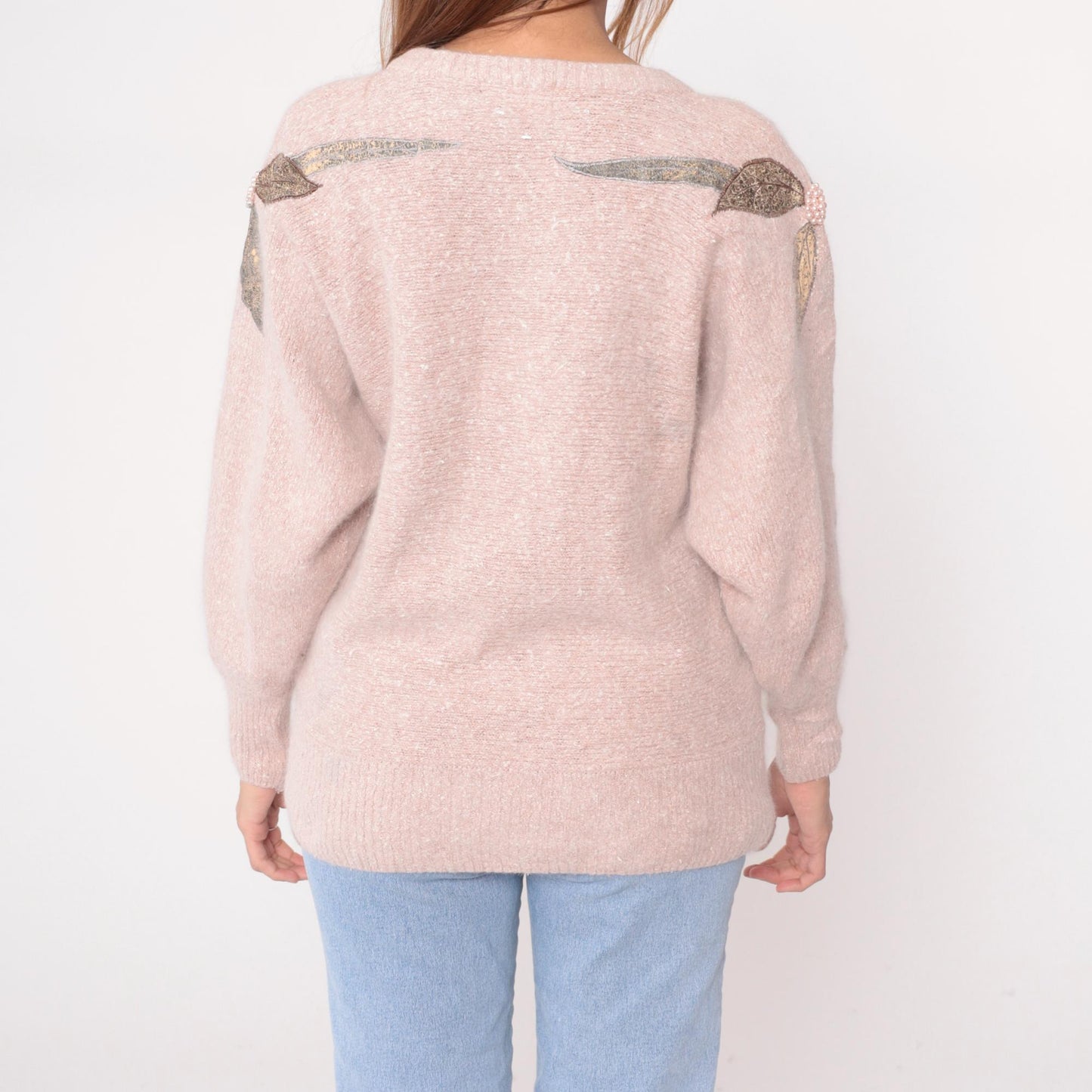 80s Belldini Pink Sweater Leaf Appliqué Beaded Knit Medium M