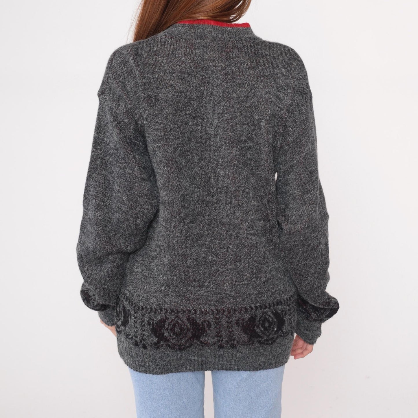 90s Tribal Pattern V-Neck Sweater Grey Red Wool Knit Small S