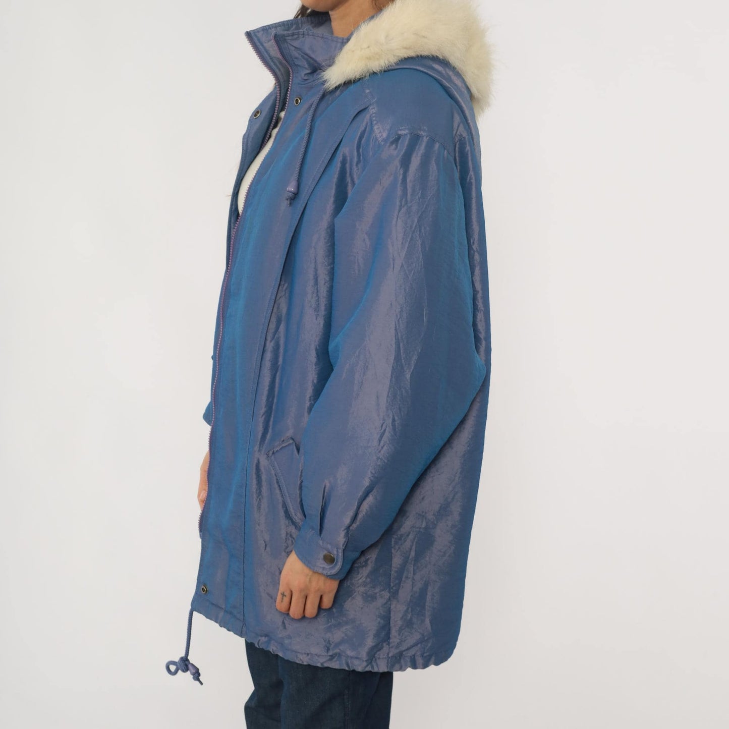 80s Periwinkle Iridescent Puffer Jacket Fur Trim Hood Windbreaker Large L