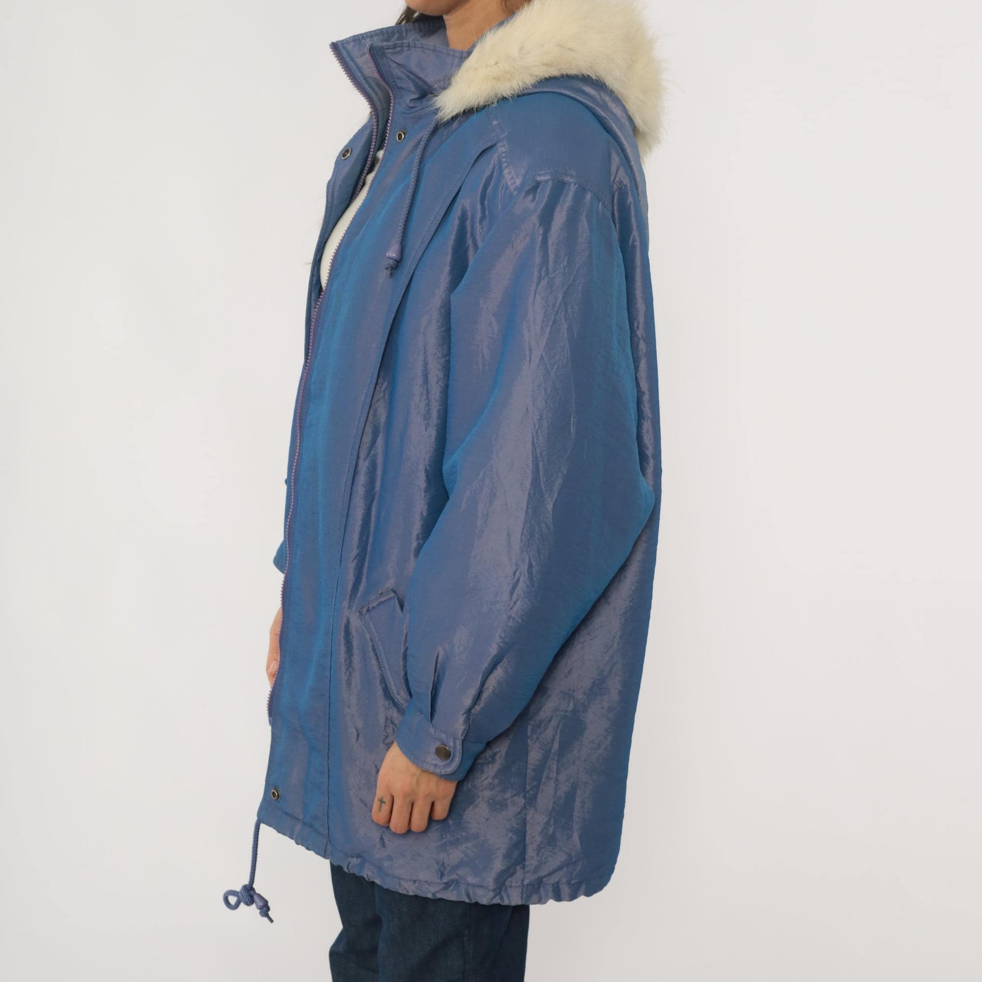 80s Periwinkle Iridescent Puffer Jacket Fur Trim Hood Windbreaker Large L