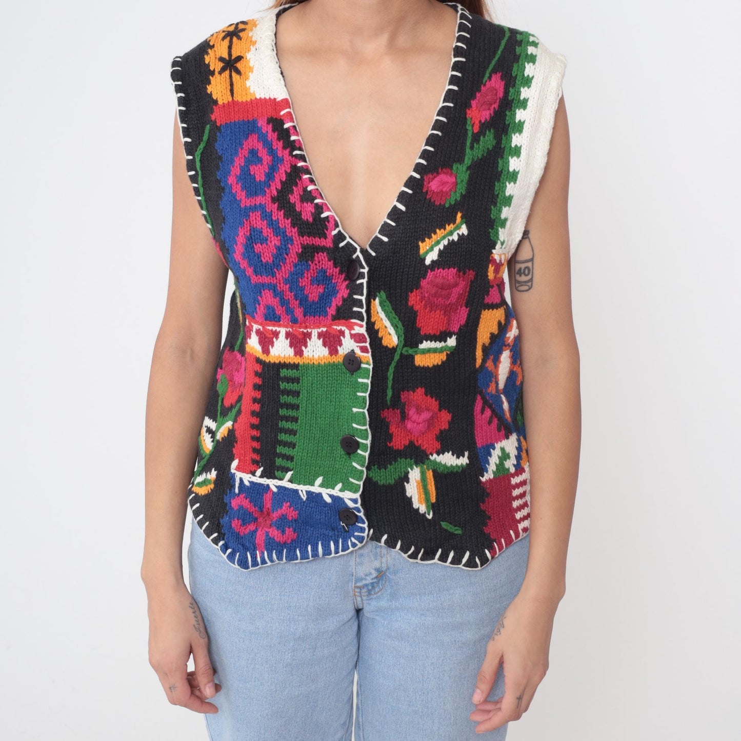 90s Pendleton Patchwork Vest Multicolor Geometric Floral Deep V-Neck Small