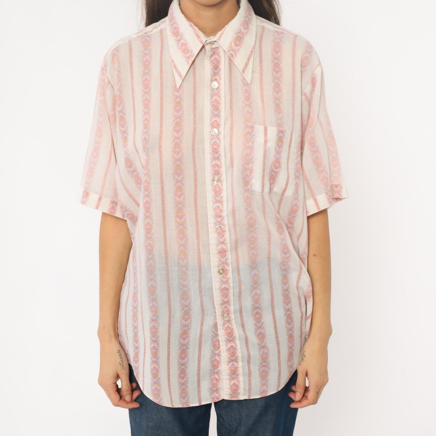 70s Campus Pink Striped Paisley Button-Down Blouse Pointed Collar Large L