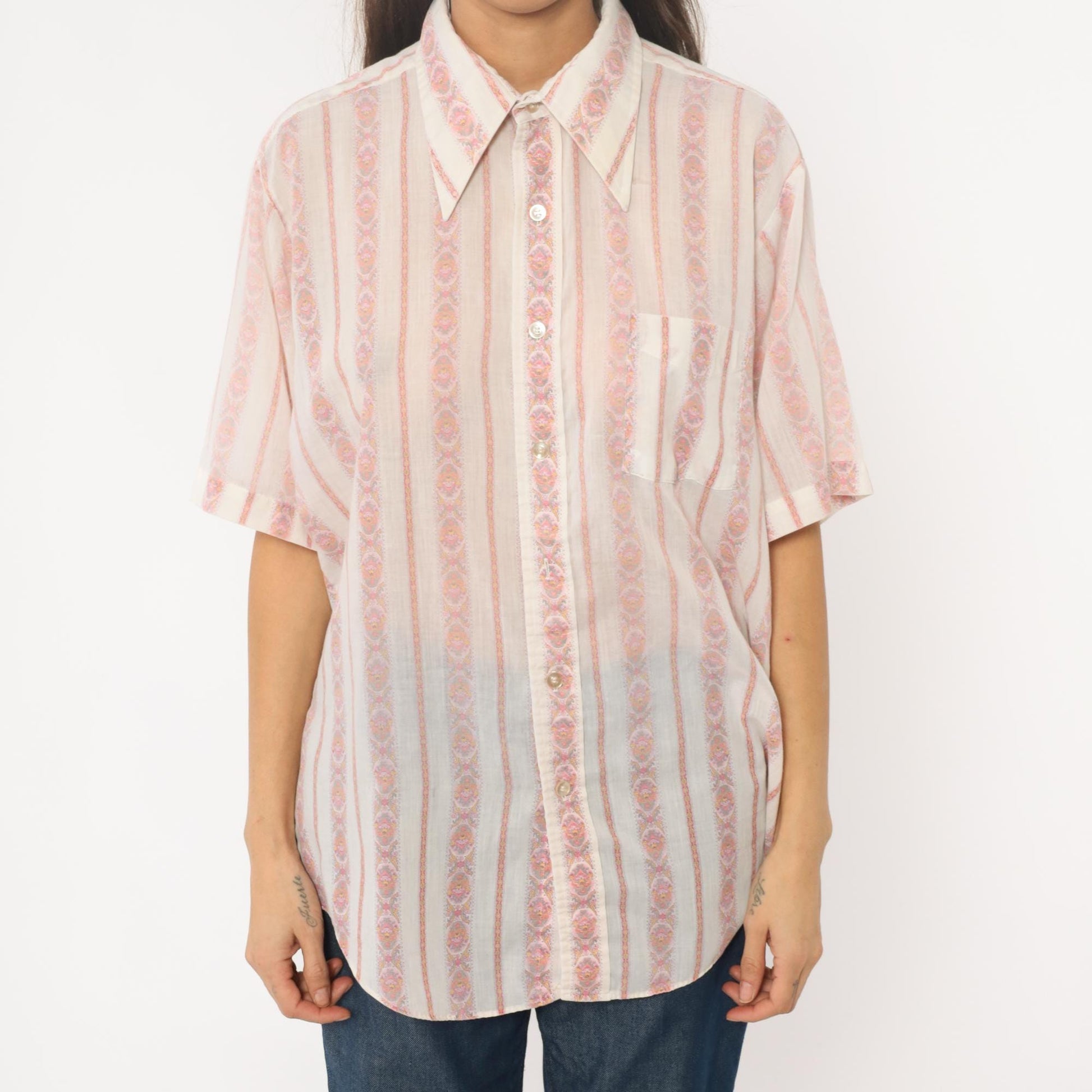 70s Campus Pink Striped Paisley Button-Down Blouse Pointed Collar Large L