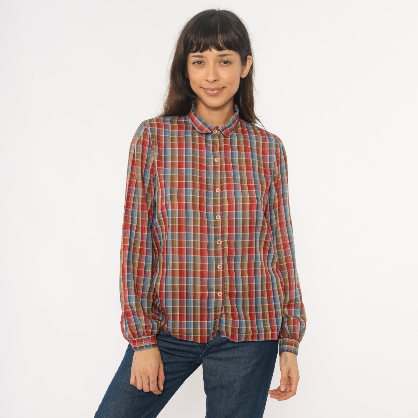 80s West Coast Connection Plaid Button Down Shirt Red Blue Small