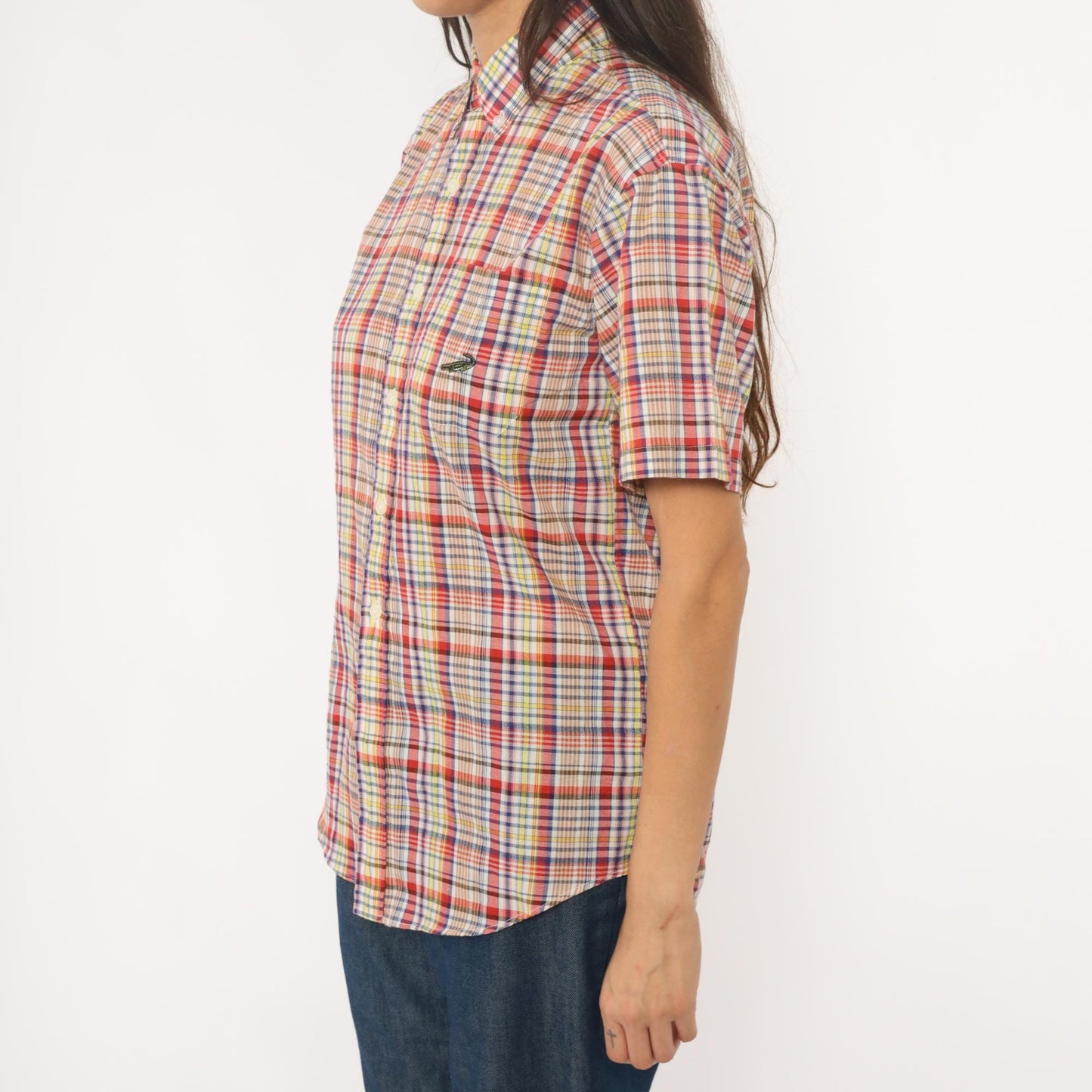 90s Multicolor Plaid Button-Up Shirt Cotton Short Sleeve Small S