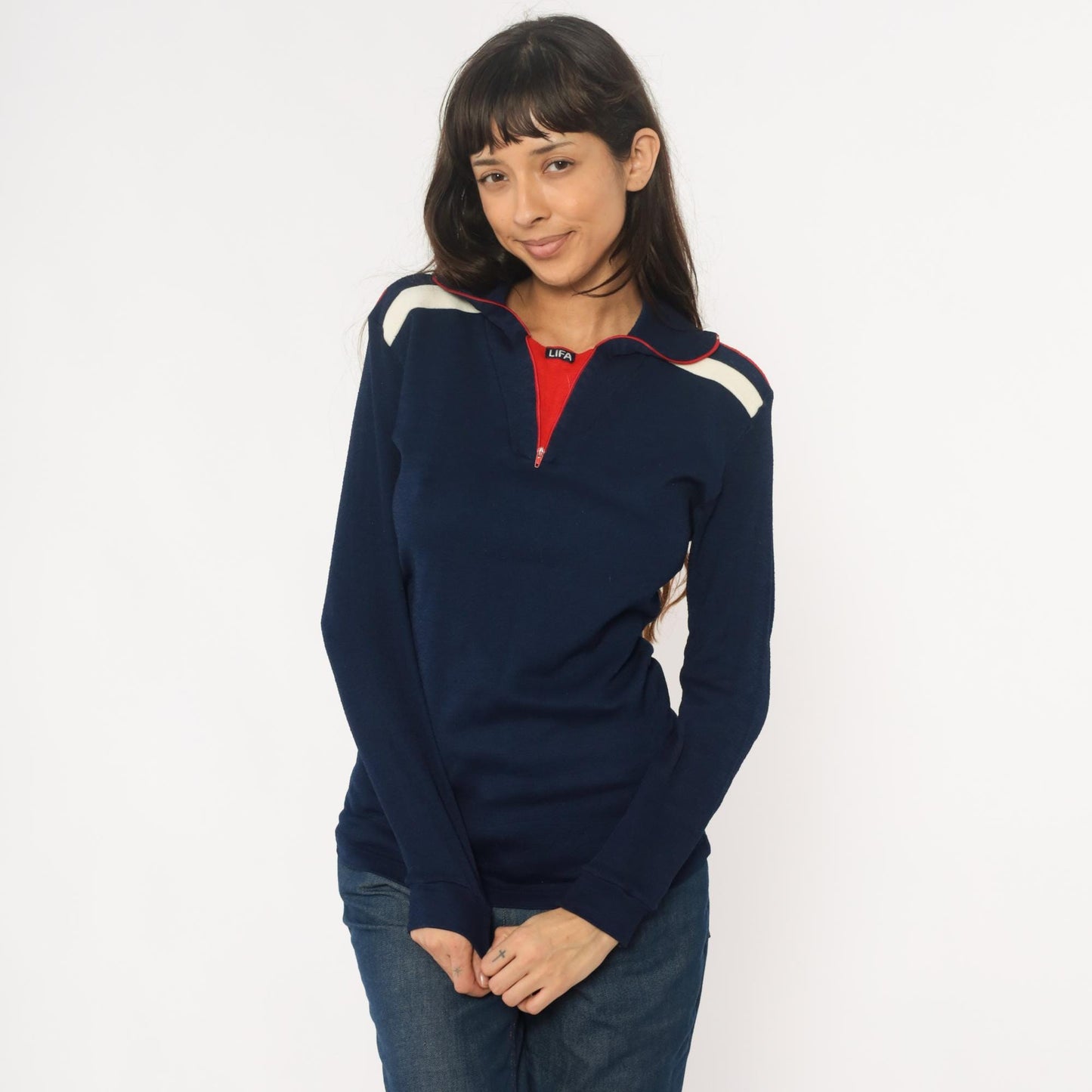 80s Helly Hansen Lifa Track Jacket Navy Quarter-Zip Colour Block Large