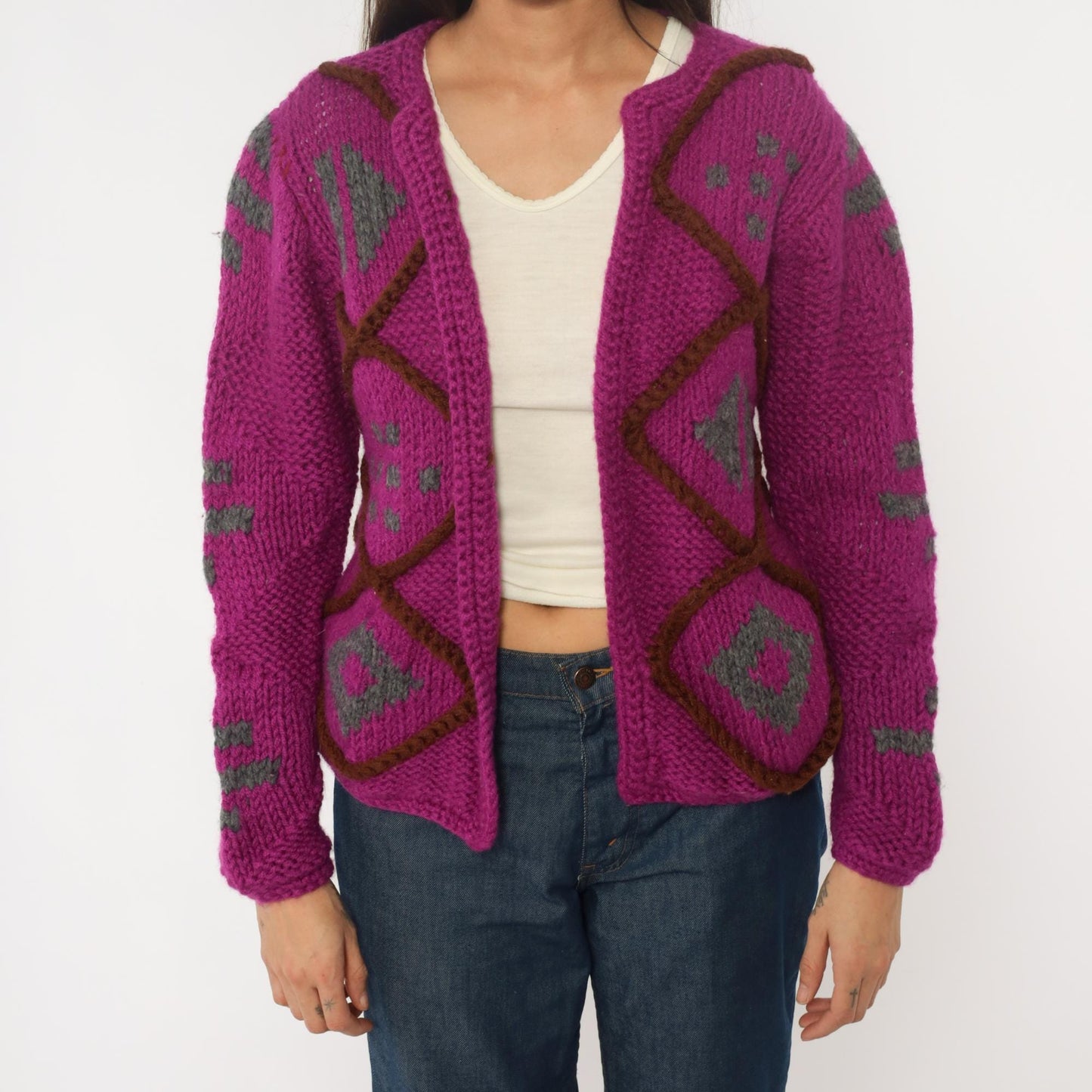 90s Purple Argyle Cardigan Wool Blend Chunky Knit Diamond Pattern Small