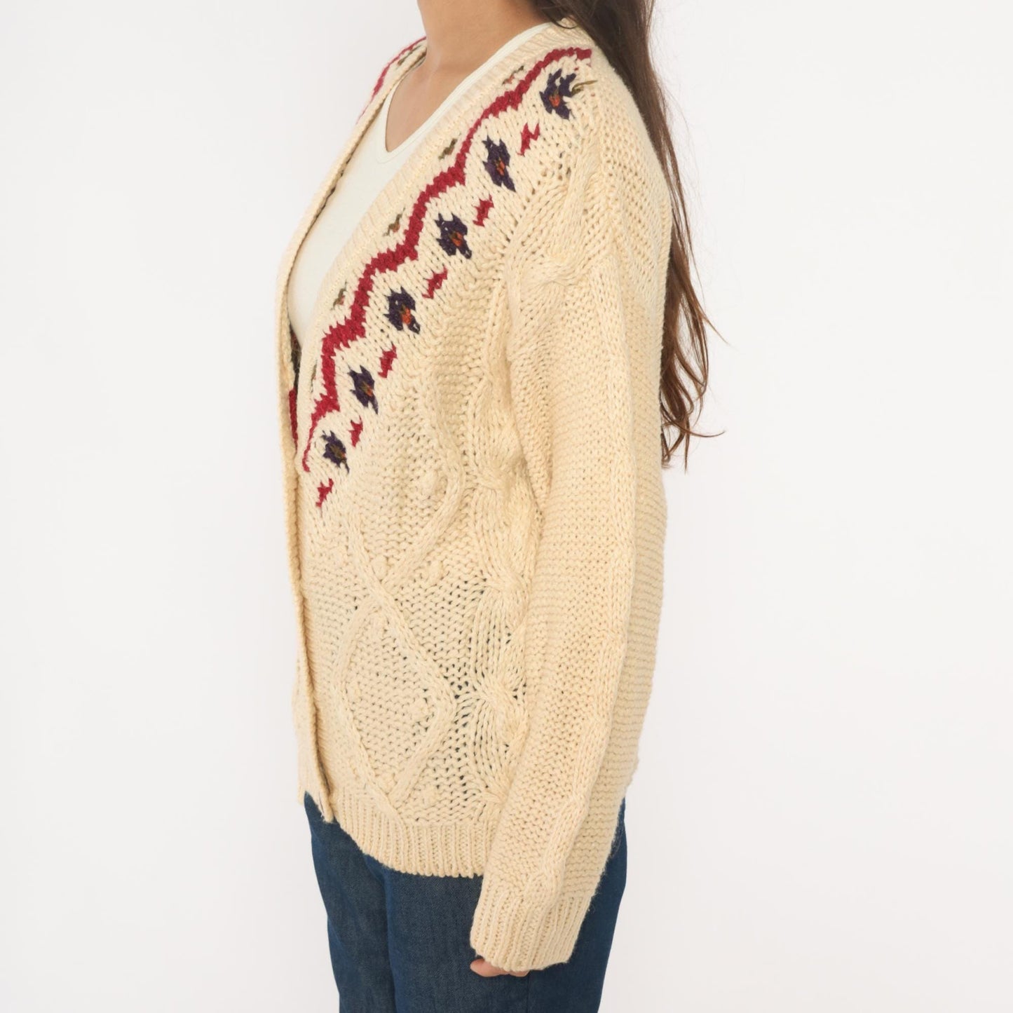 90s Fair Isle Cardigan Cream Cable Knit Button Front Nordic Pattern Medium M