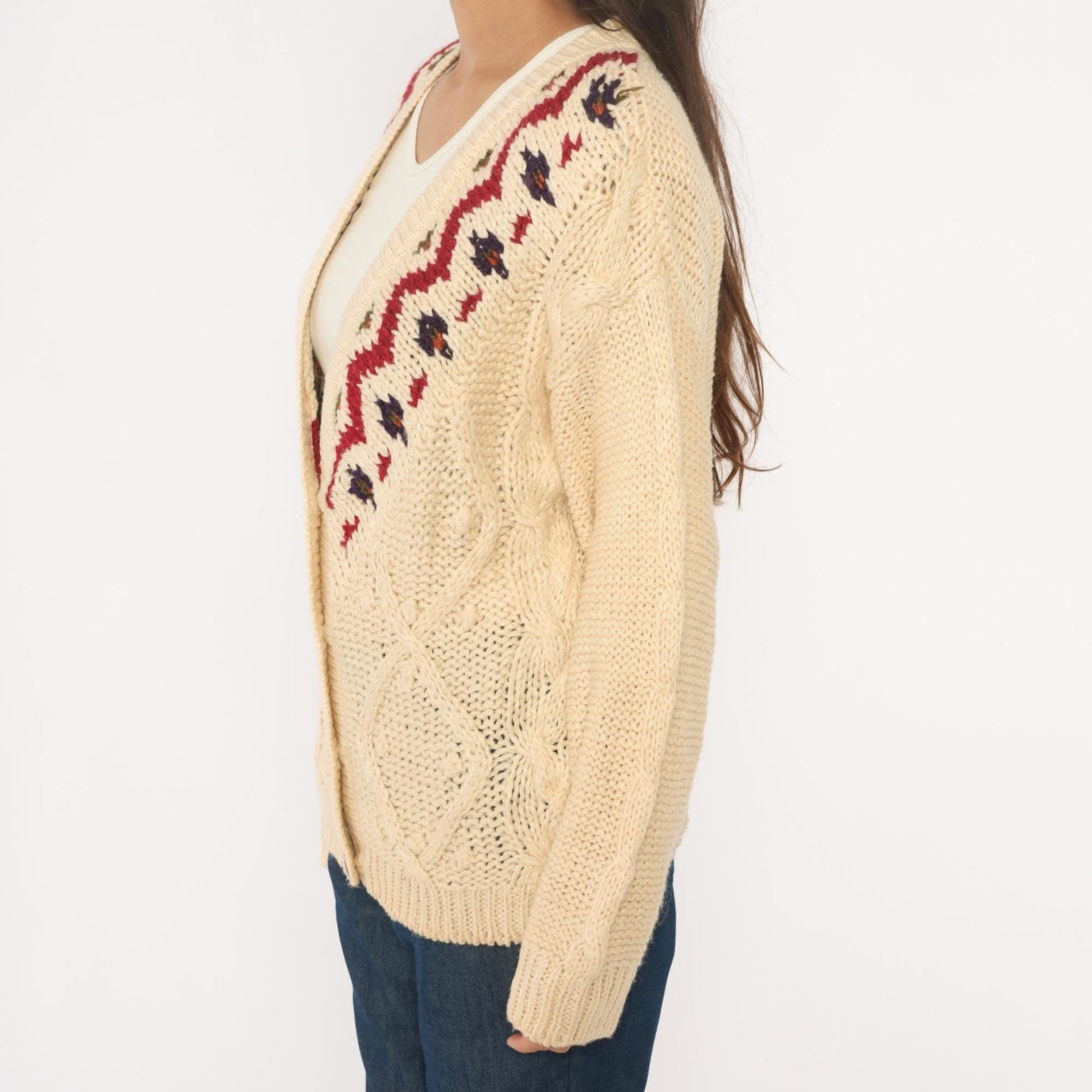 90s Fair Isle Cardigan Cream Cable Knit Button Front Nordic Pattern Medium M