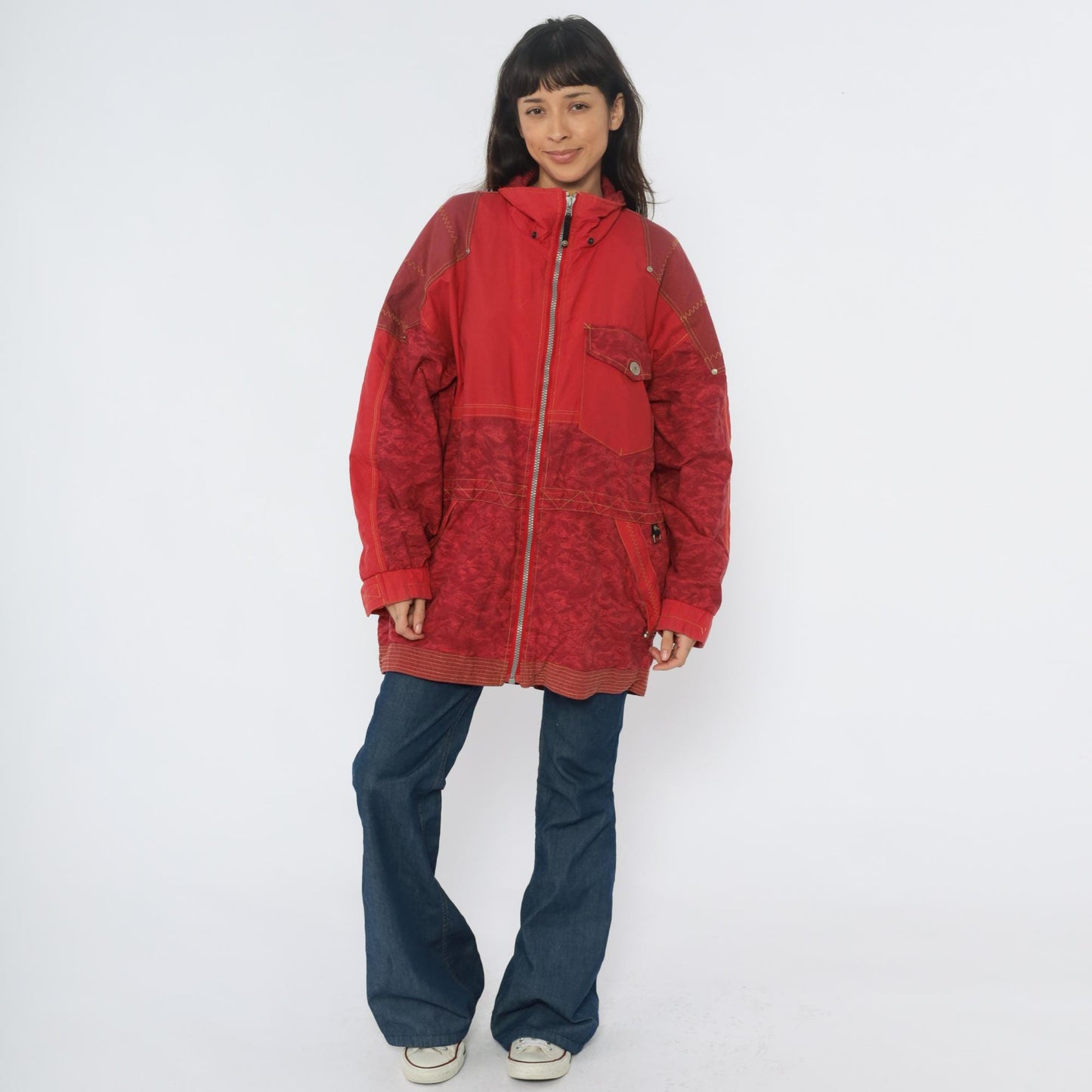 80s Obermeyer Red Nylon Windbreaker Ski Jacket Colour-Block Extra Large XL