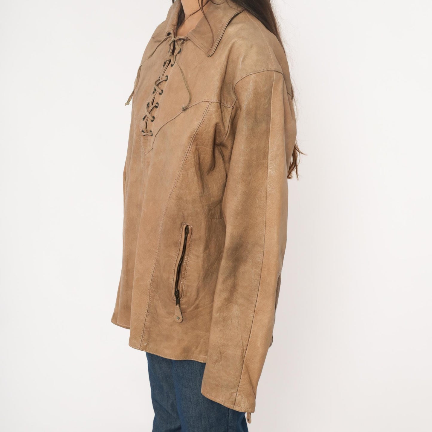 70s Yukon Jack Leather Jacket Tan Lace-Up Western Collar Extra Large XL