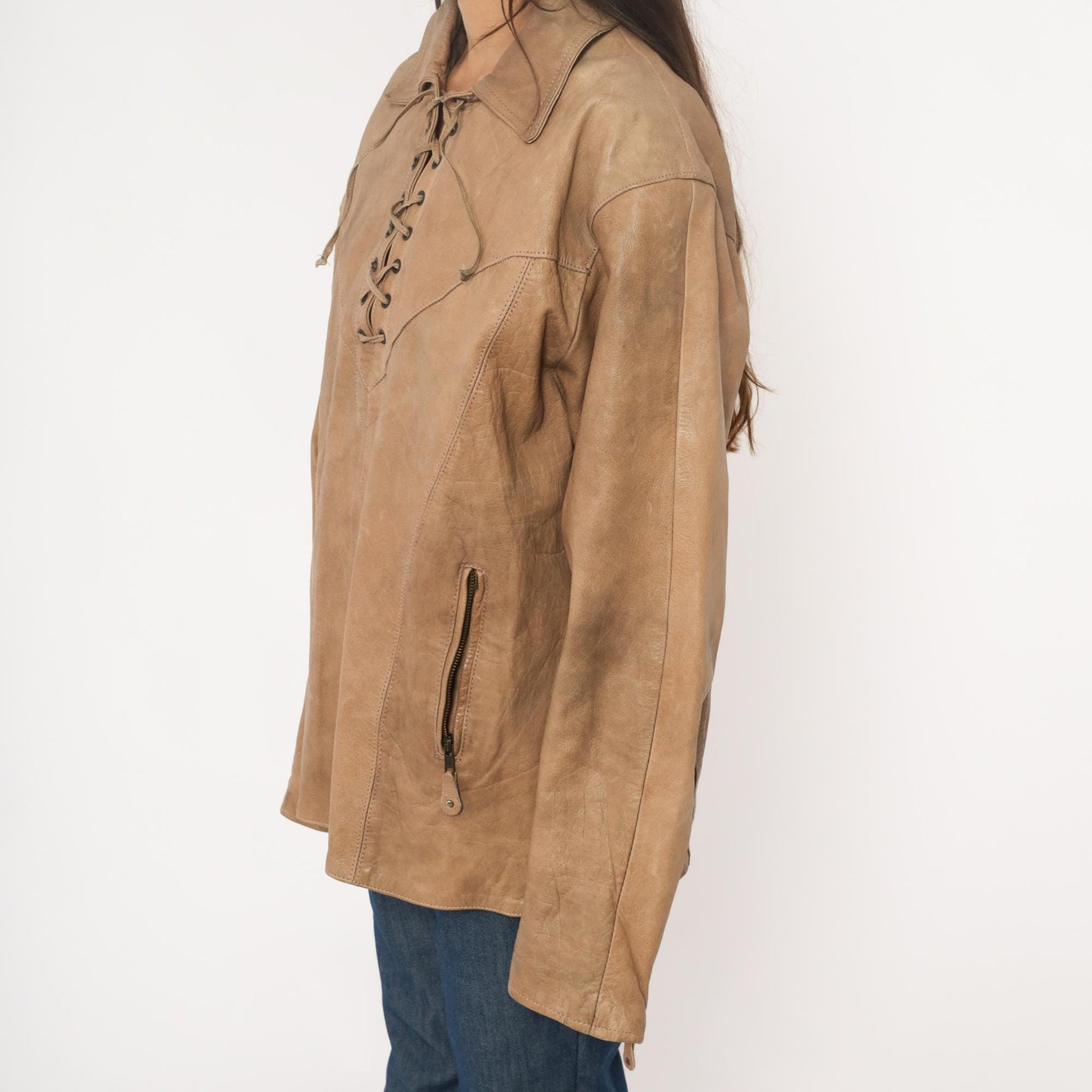 70s Yukon Jack Leather Jacket Tan Lace-Up Western Collar Extra Large XL