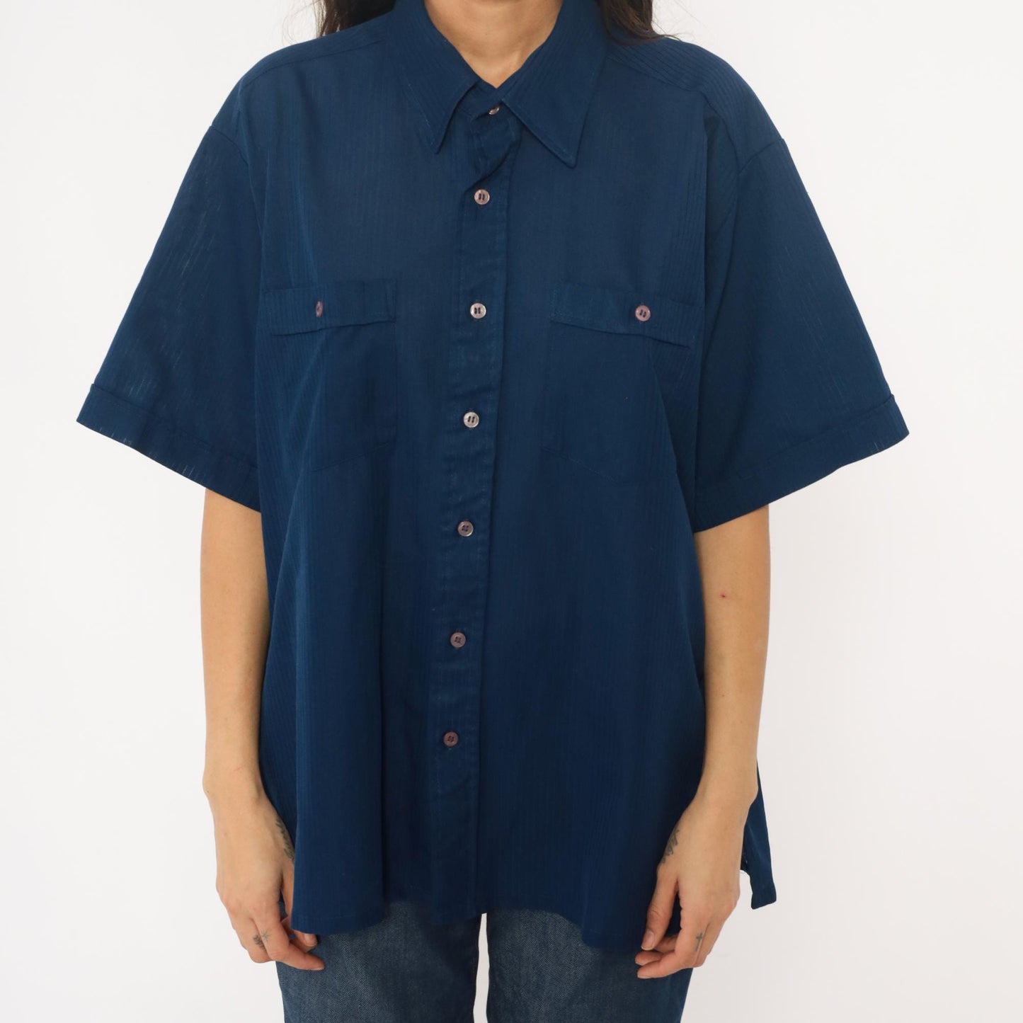 70s Navy Polyester Button-Up Shirt Short Sleeve Chest Pockets Extra Large