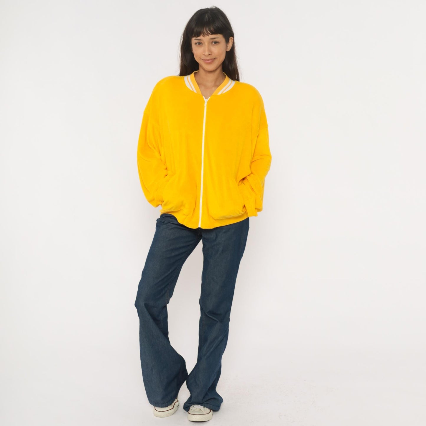 80s CA Sport Terrycloth Zip Jacket Compass Embroidered Yellow Plus Size XXL
