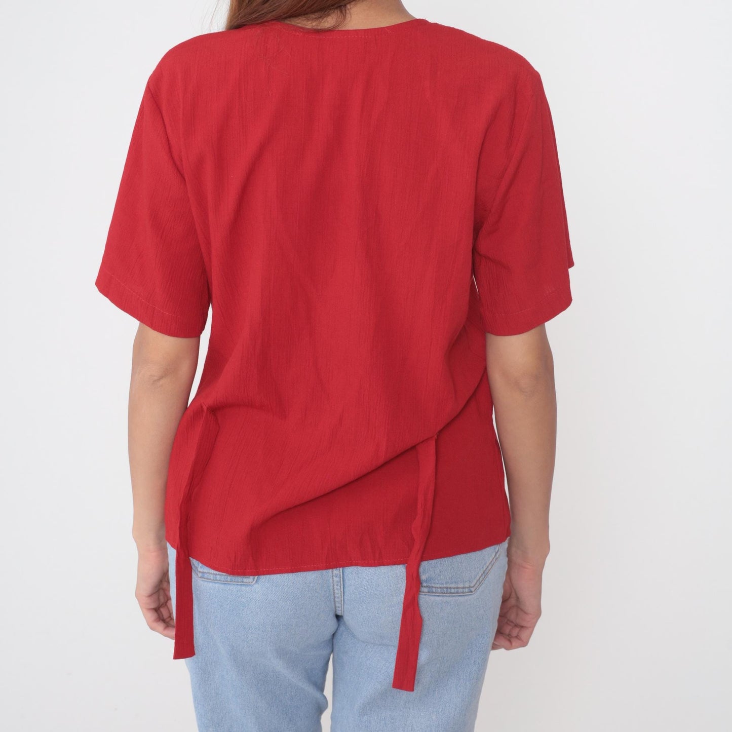 90s Cascais Floral Color Block Blouse Red Black Abstract Flowers V Neck Medium