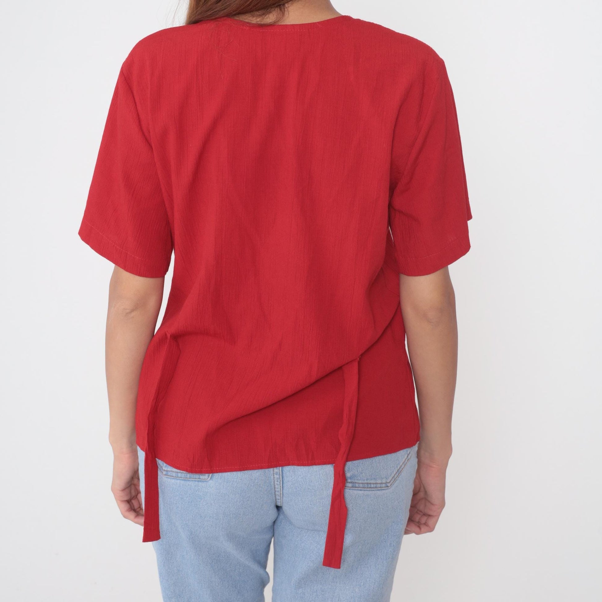 90s Cascais Floral Color Block Blouse Red Black Abstract Flowers V Neck Medium