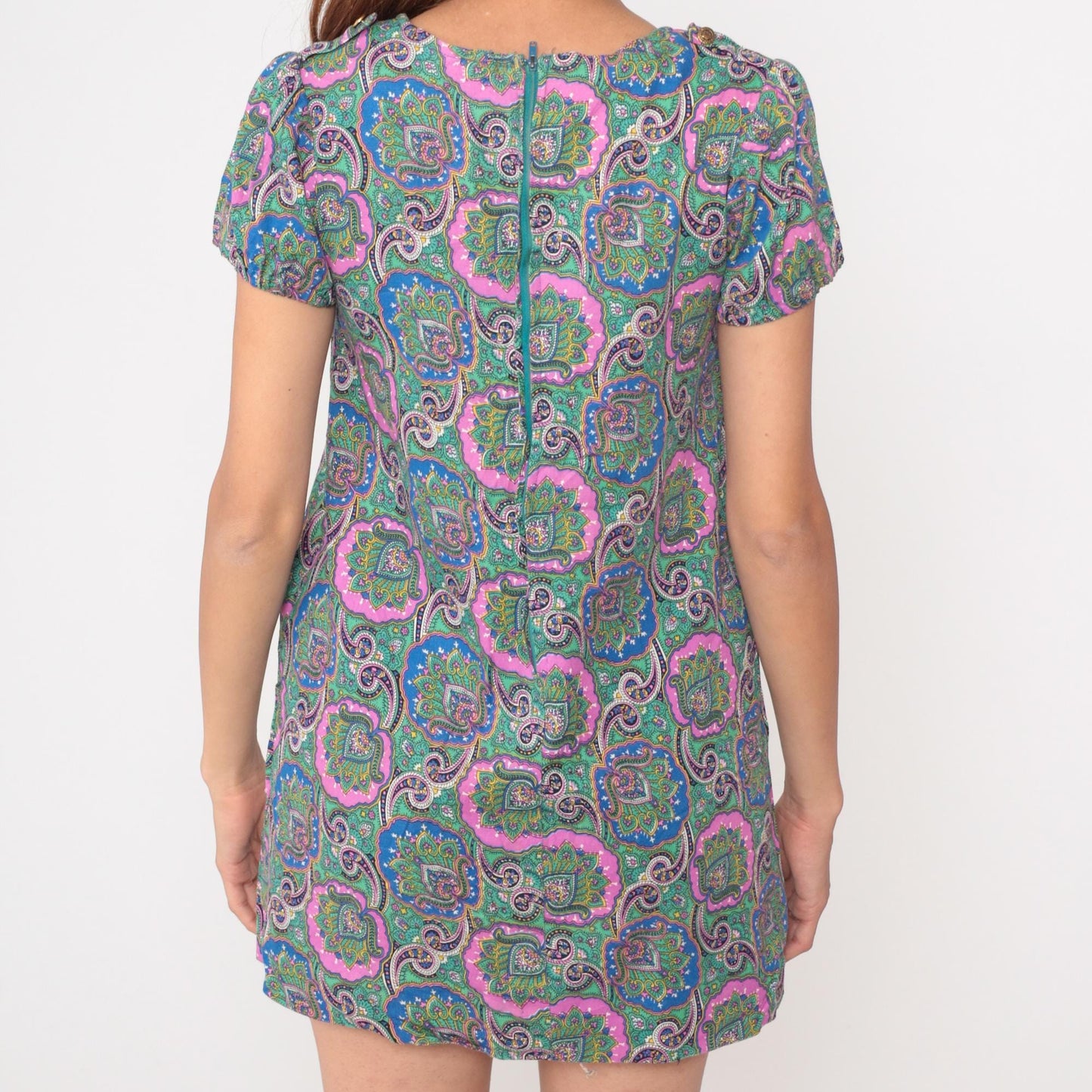 60s Psychedelic Paisley Mini Shift Dress Multicolor Cotton Small S