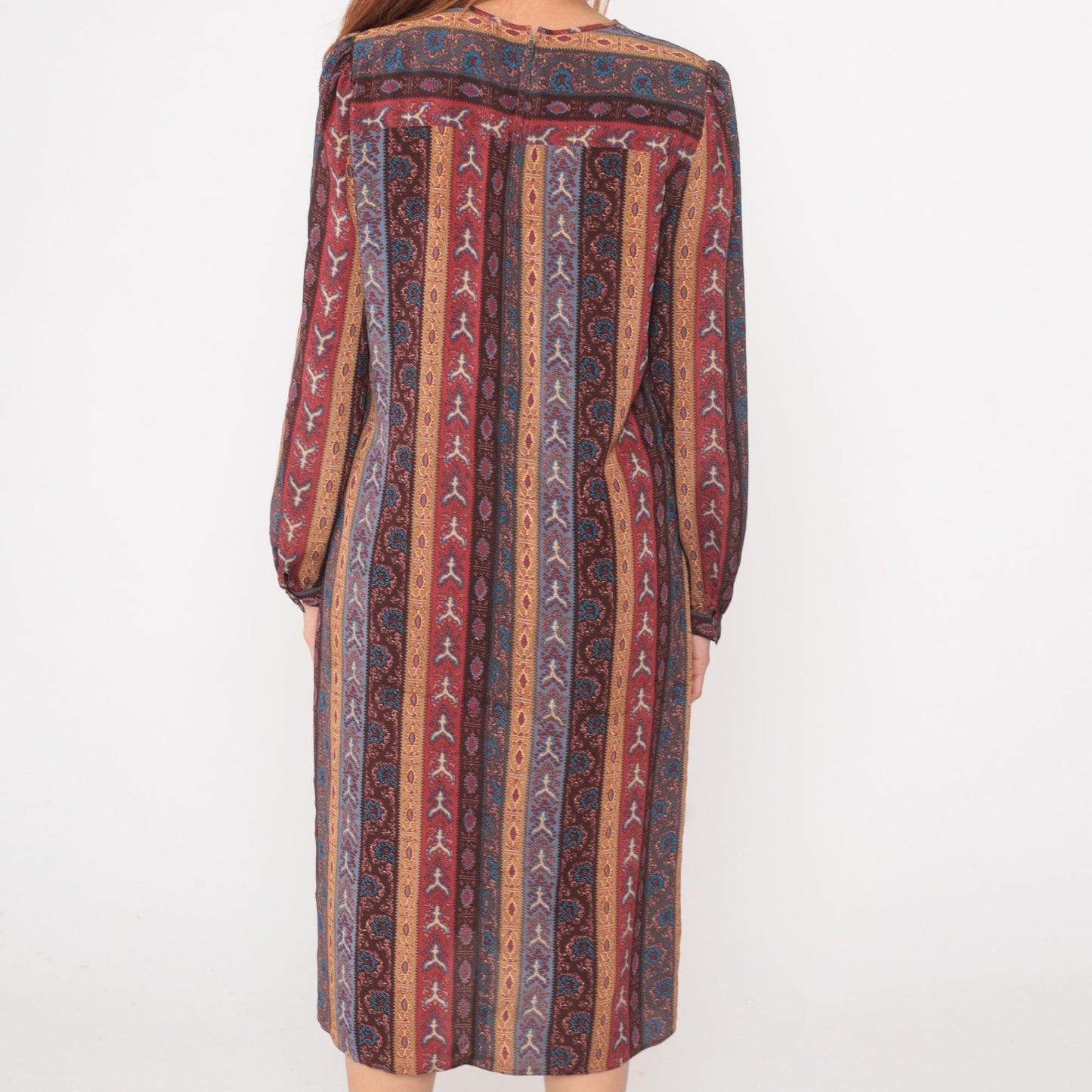 80s Leslie Fay Geometric Midi Dress Long Sleeve Burgundy Teal Medium