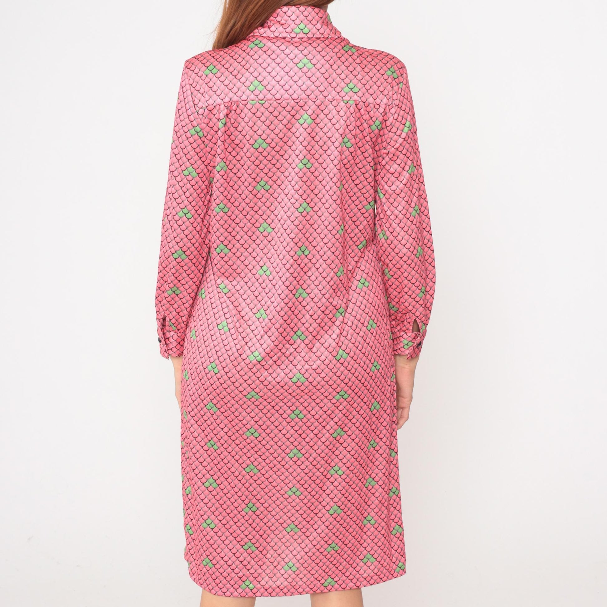 70s Lee Morton Chicago Pink Scale Print Shirt Dress Knee Length Large L