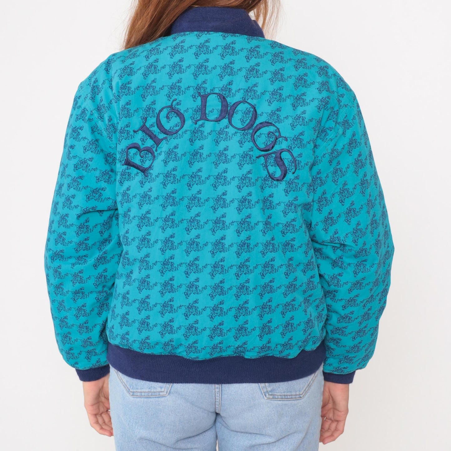 90s Big Dogs Bomber Jacket Turquoise Navy Ribbed Trim Dog Graphic Youth XL